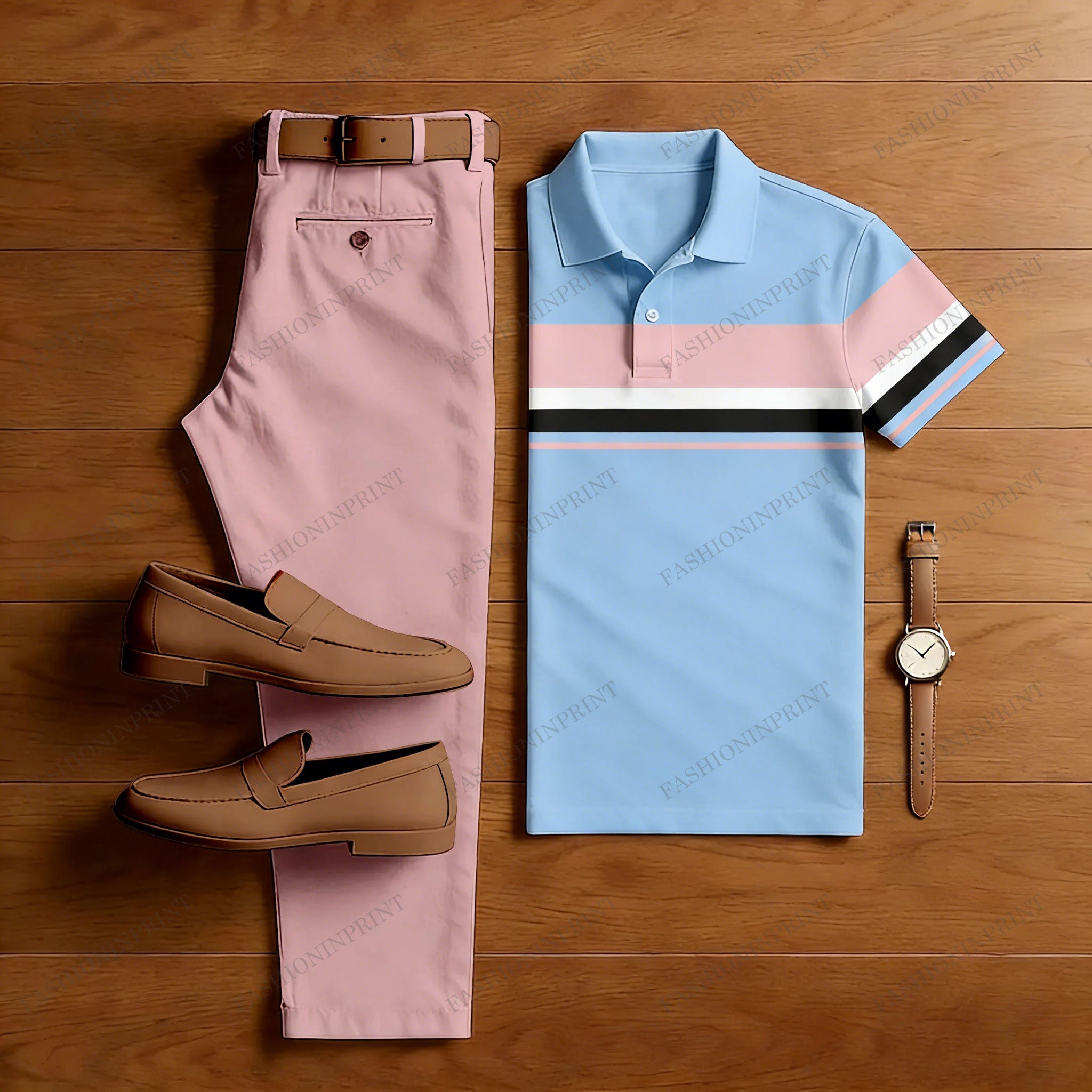 Men's Casual Pink & Light Blue Color Matching Striped Printed Short Sleeved Polo Shirt & Trousers Two-Piece Set