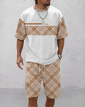 Men's Summer Colorblock Printed Round Neck Suit 077