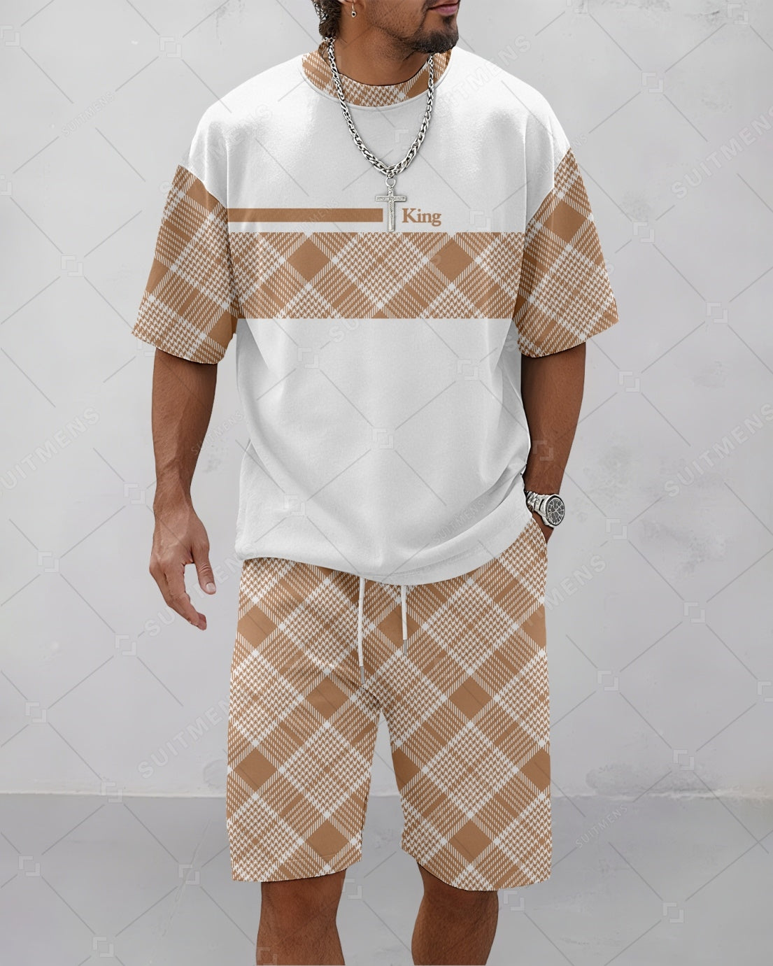 Men's Summer Colorblock Printed Round Neck Suit 077
