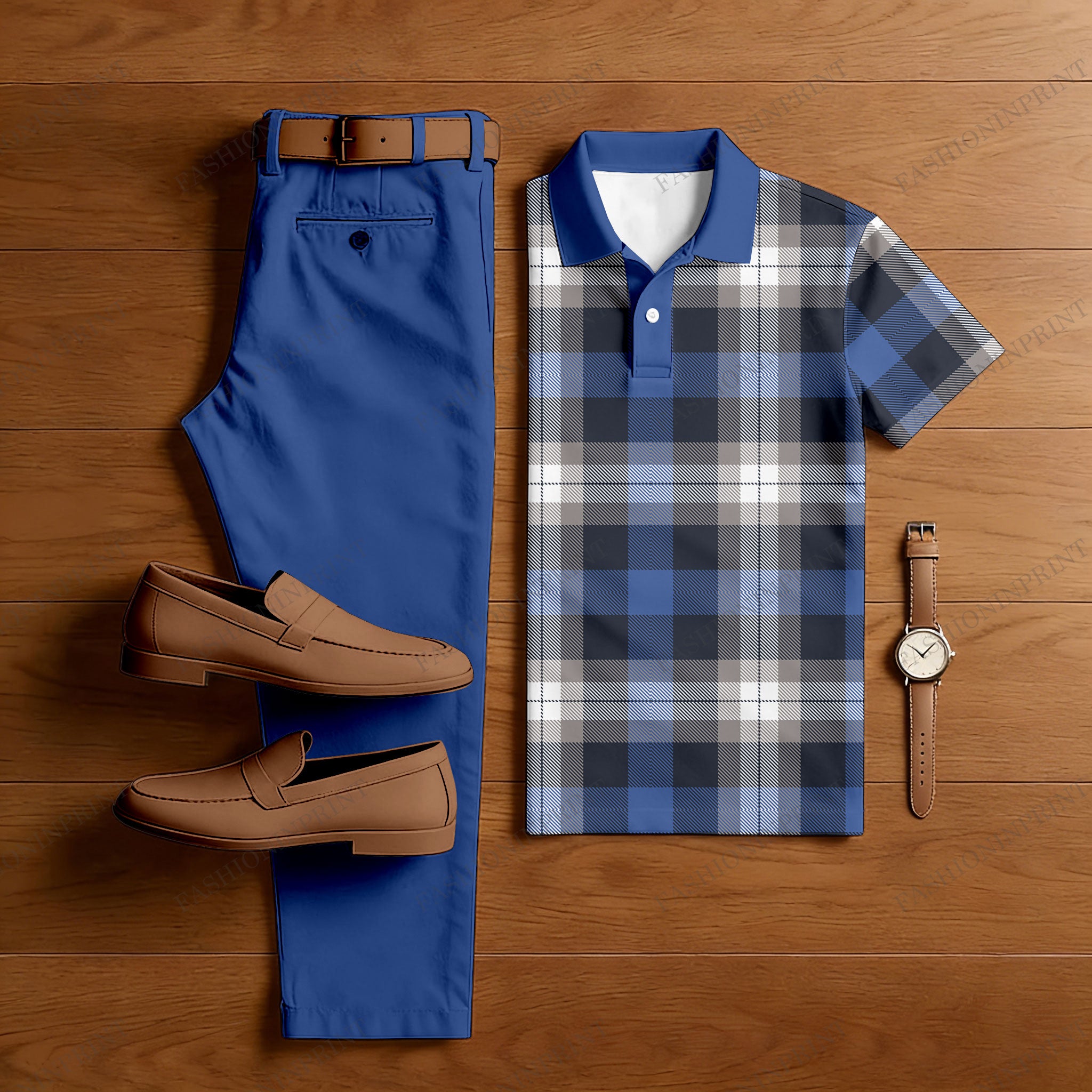 Men's Casual Deep Blue & Black Color Matching Checkered Printed Short Sleeved Polo Shirt & Trousers Two-Piece Set