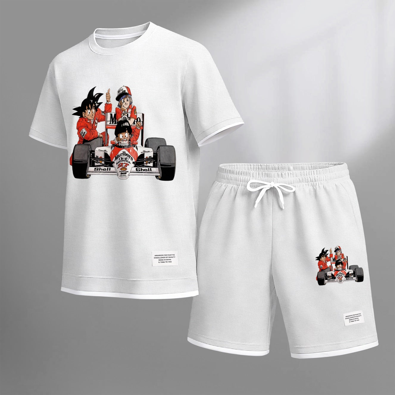 Men's Anime Racing Print Waffle Fabric Short-Sleeved Shirt And Shorts Set