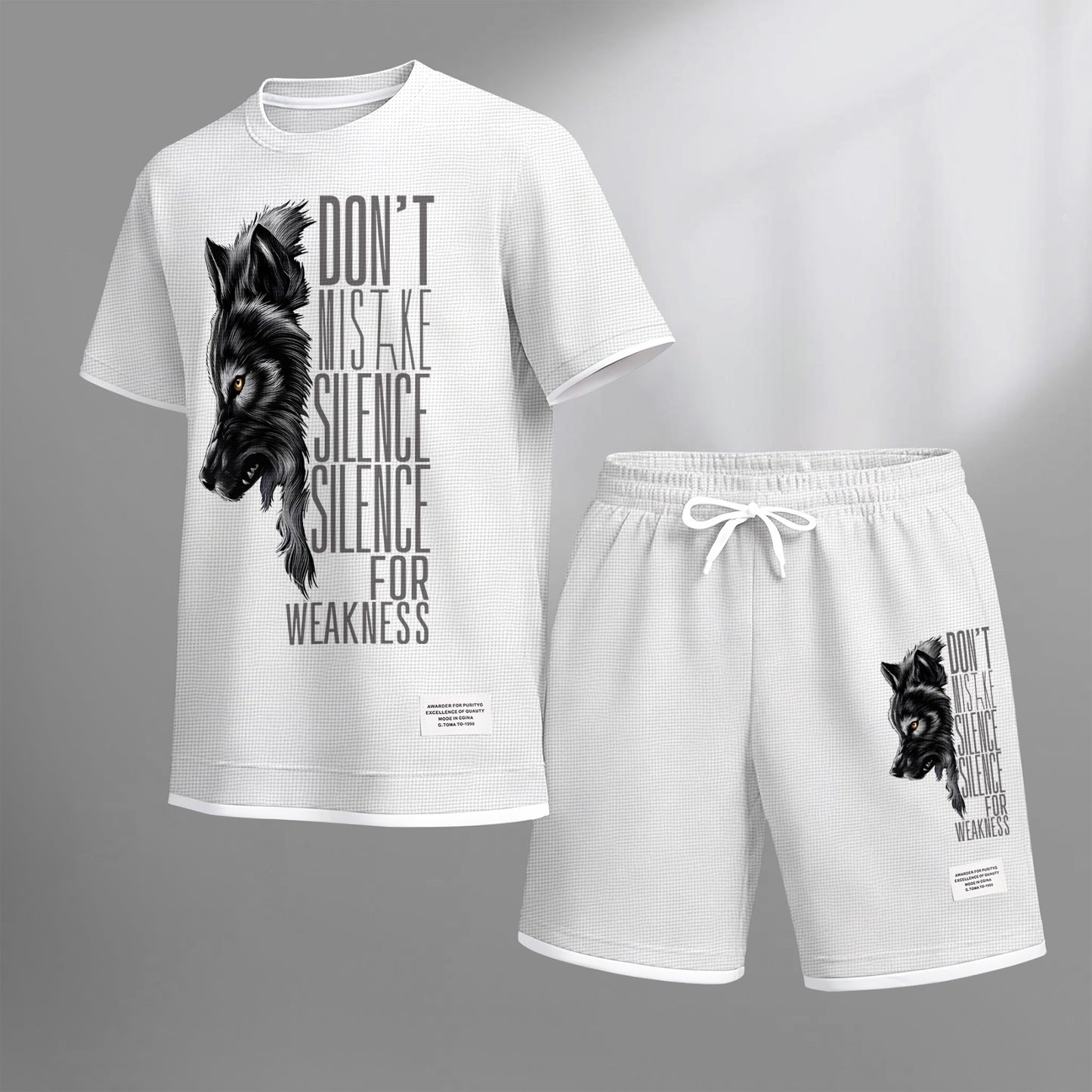 Men's Howling Wolf & "Don't Mistake Silence For Weakness" Quote Graphic Print Waffle Short Sleeve T-Shirt & Shorts Set, Summer Lightweight Casual Sporty Two-Piece Outfit