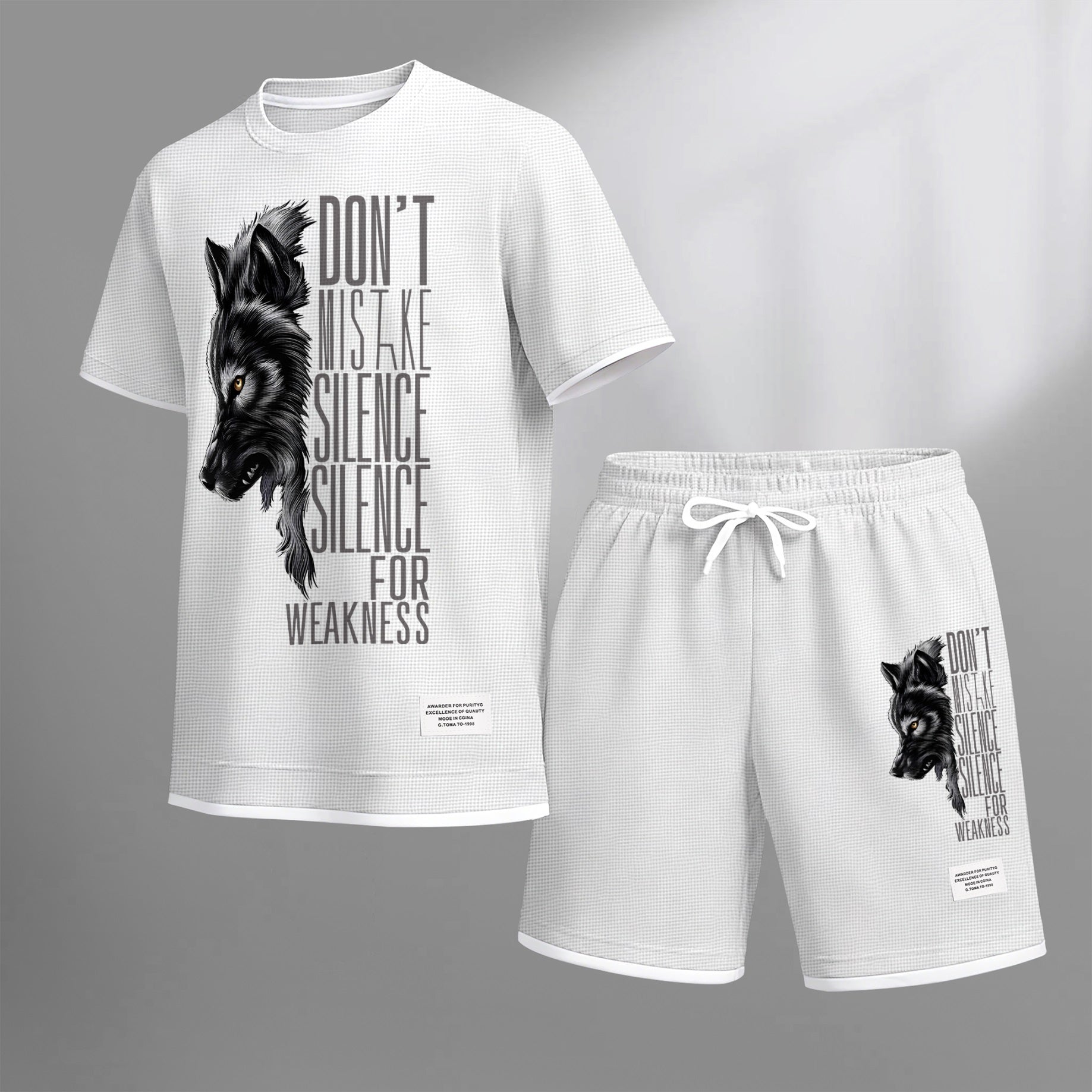 Men's Howling Wolf & "Don't Mistake Silence For Weakness" Quote Graphic Print Waffle Short Sleeve T-Shirt & Shorts Set, Summer Lightweight Casual Sporty Two-Piece Outfit