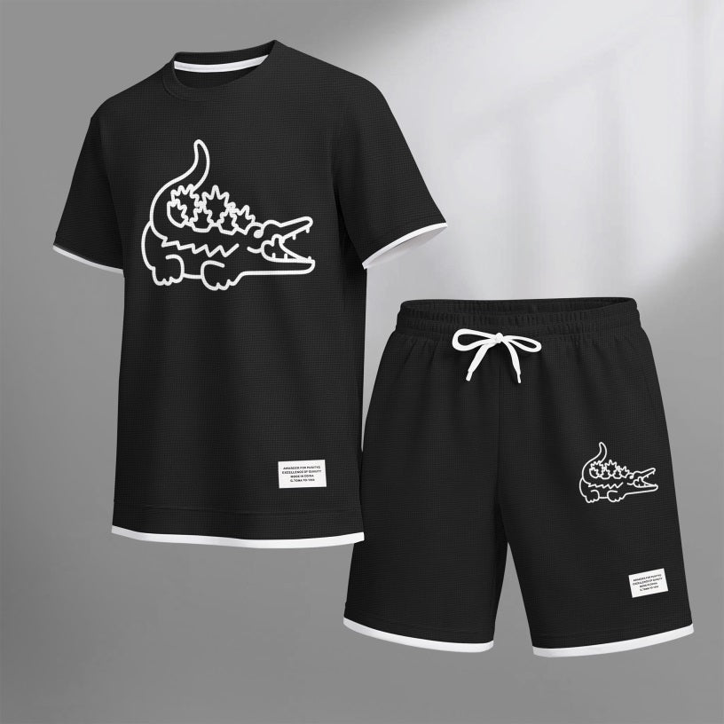 Men's Monster Crocodile Print Waffle Fabric Short-Sleeved Shirt And Shorts Set