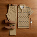 Men's Casual Printed Brown Waves Polo Shirt And Pants Two-Piece Set