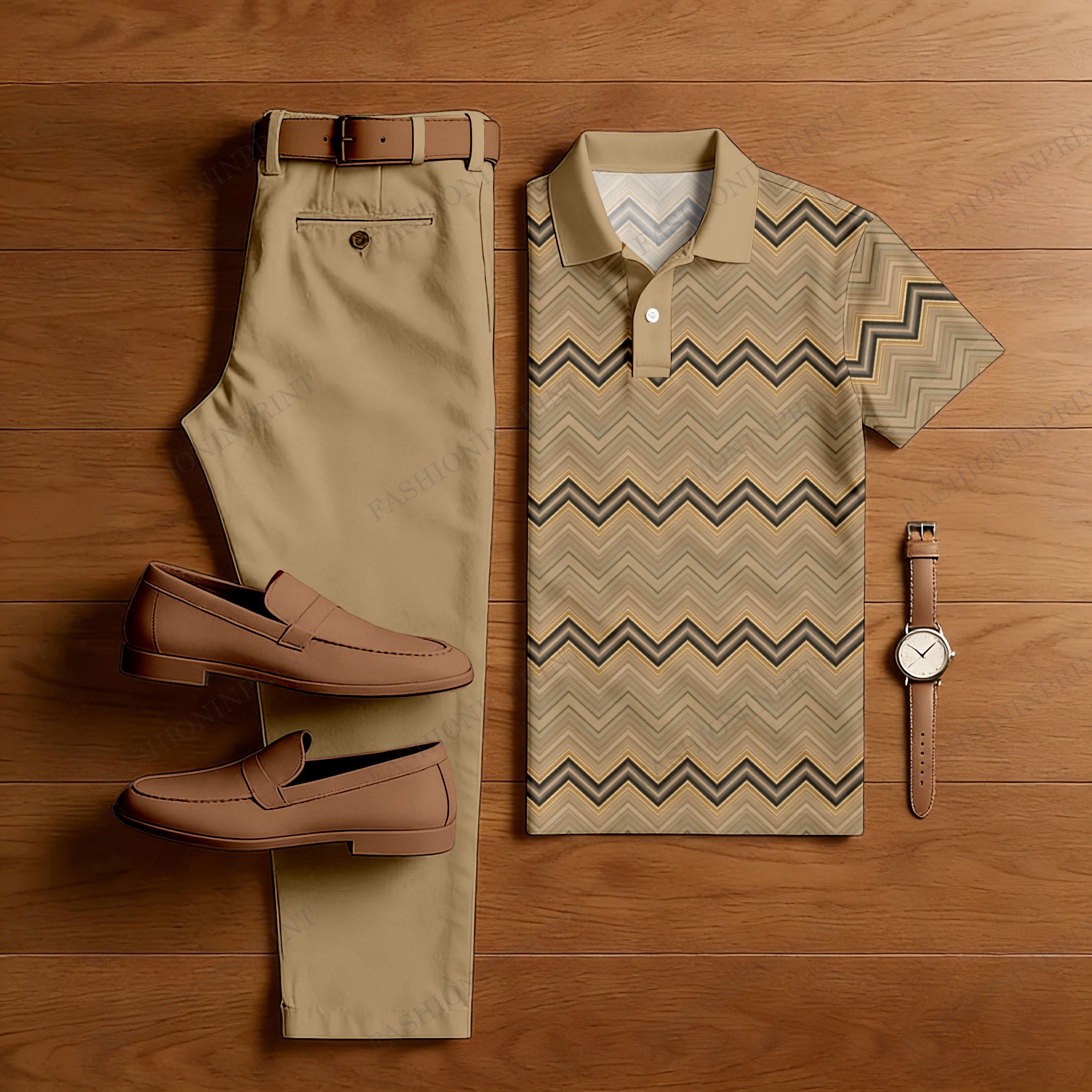 Men's Casual Printed Brown Waves Polo Shirt And Pants Two-Piece Set