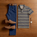 Men's Casual Navy Blue & Brown Color Matching Striped Printed Short Sleeved Polo Shirt & Trousers Two-Piece Set