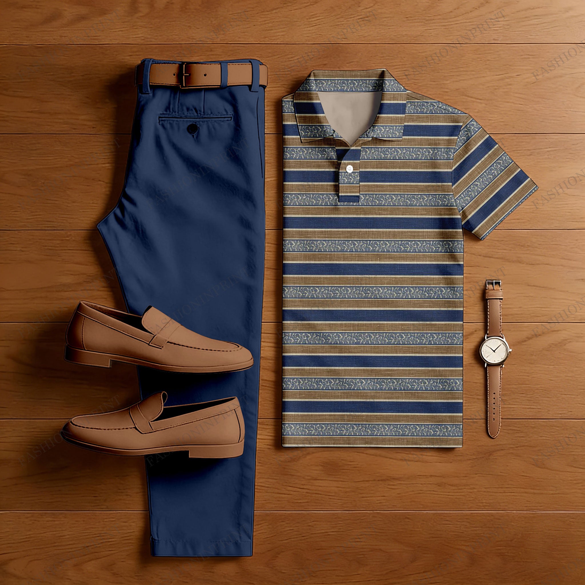 Men's Casual Navy Blue & Brown Color Matching Striped Printed Short Sleeved Polo Shirt & Trousers Two-Piece Set