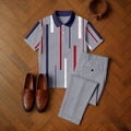 Men's Casual Gray & Purple Color Matching Rectangle Printed Short Sleeved Polo Shirt & Trousers Two-Piece Set