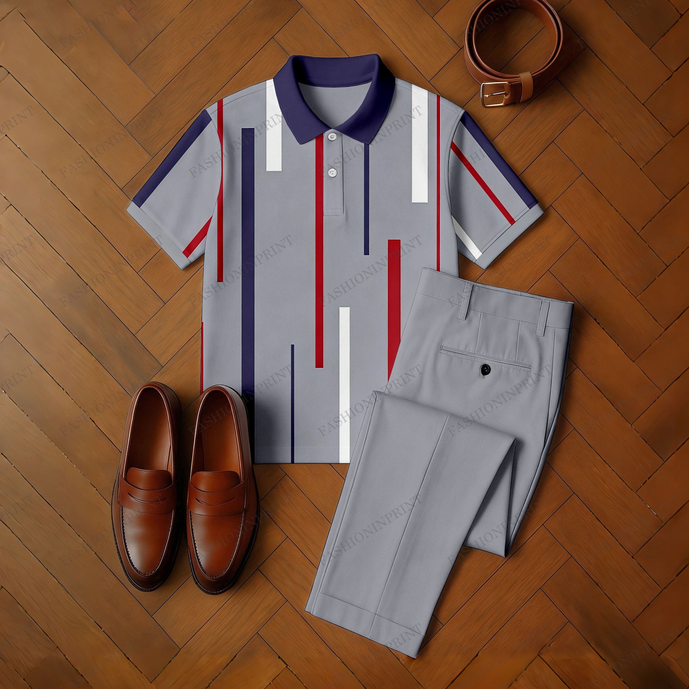 Men's Casual Gray & Purple Color Matching Rectangle Printed Short Sleeved Polo Shirt & Trousers Two-Piece Set
