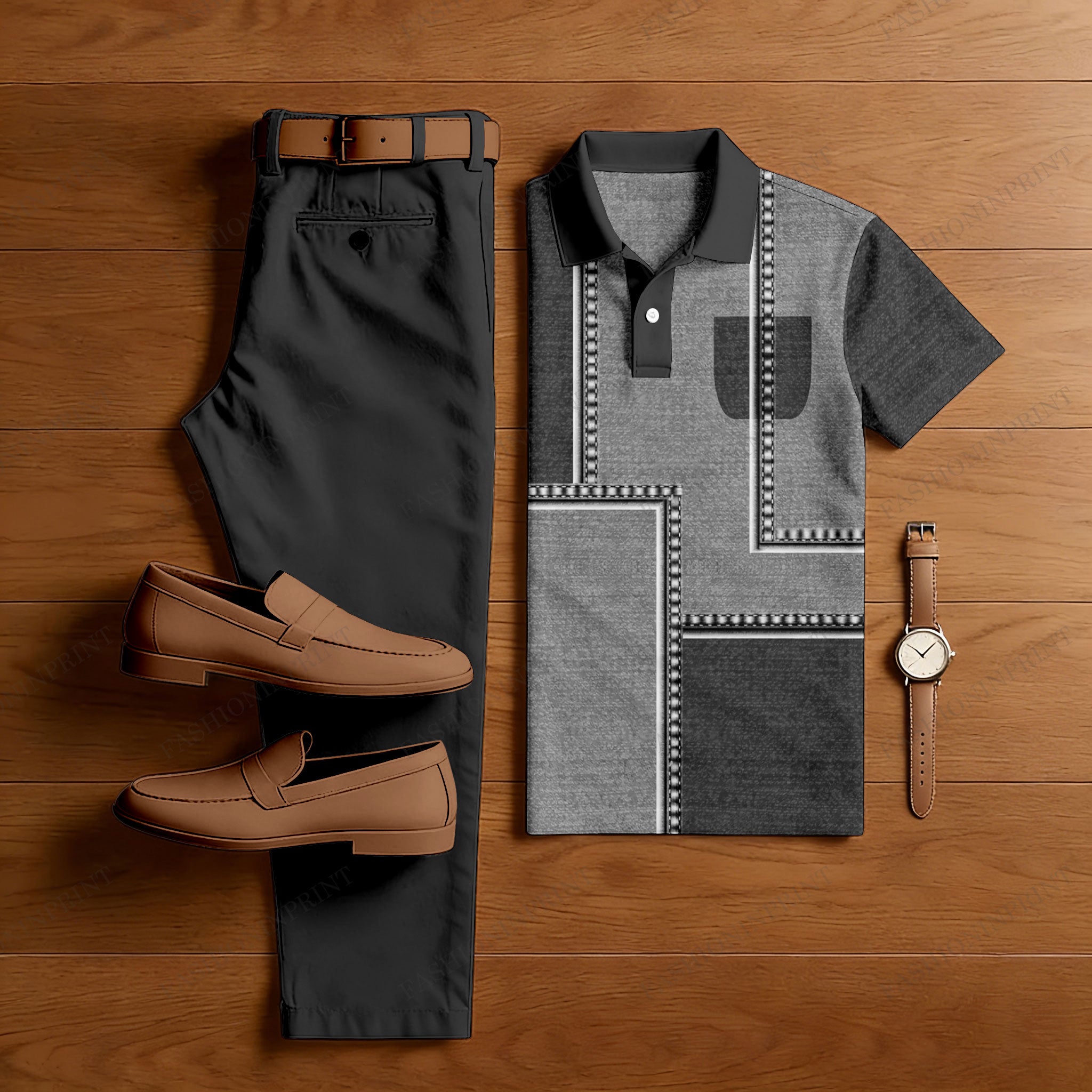 Men's Casual Dark Gray Geometry Printed Polo Shirt And Pants Two-Piece Set