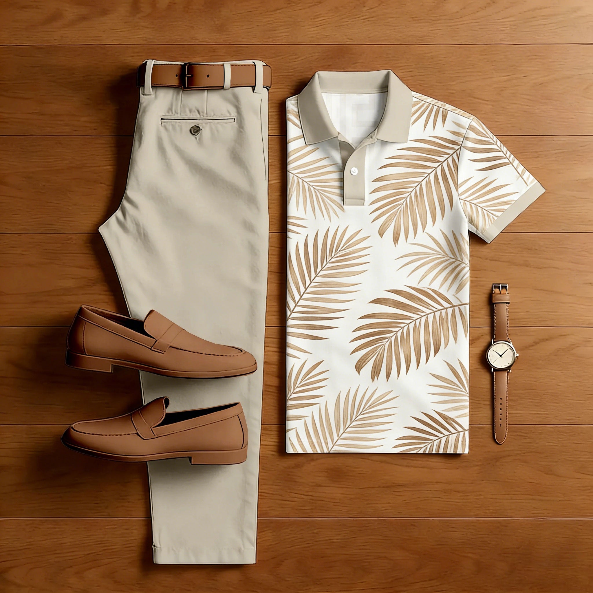 Men's Casual Apricot Maple Leaf Print Polo Shirt And Trousers Two-Piece Set