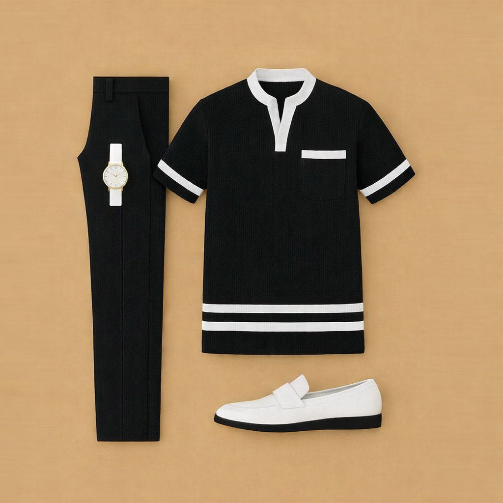 Men's Casual Black Color Matching Printed Short Sleeved Henry Collar T-Shirt & Trousers Two-Piece Set