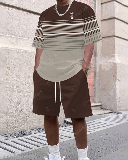 Men's Summer Color Matching Print Round Neck Set 318