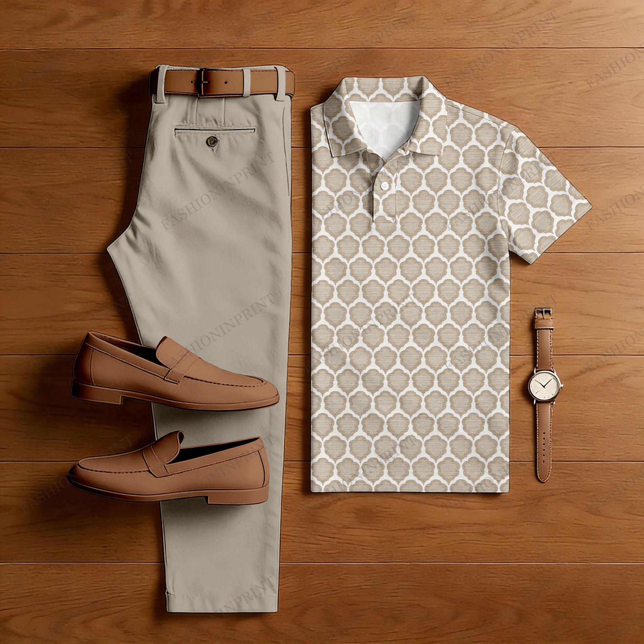 Men's Casual Light Brown & White Color Matching Checkered Printed Short Sleeved Polo Shirt & Trousers Two-Piece Set