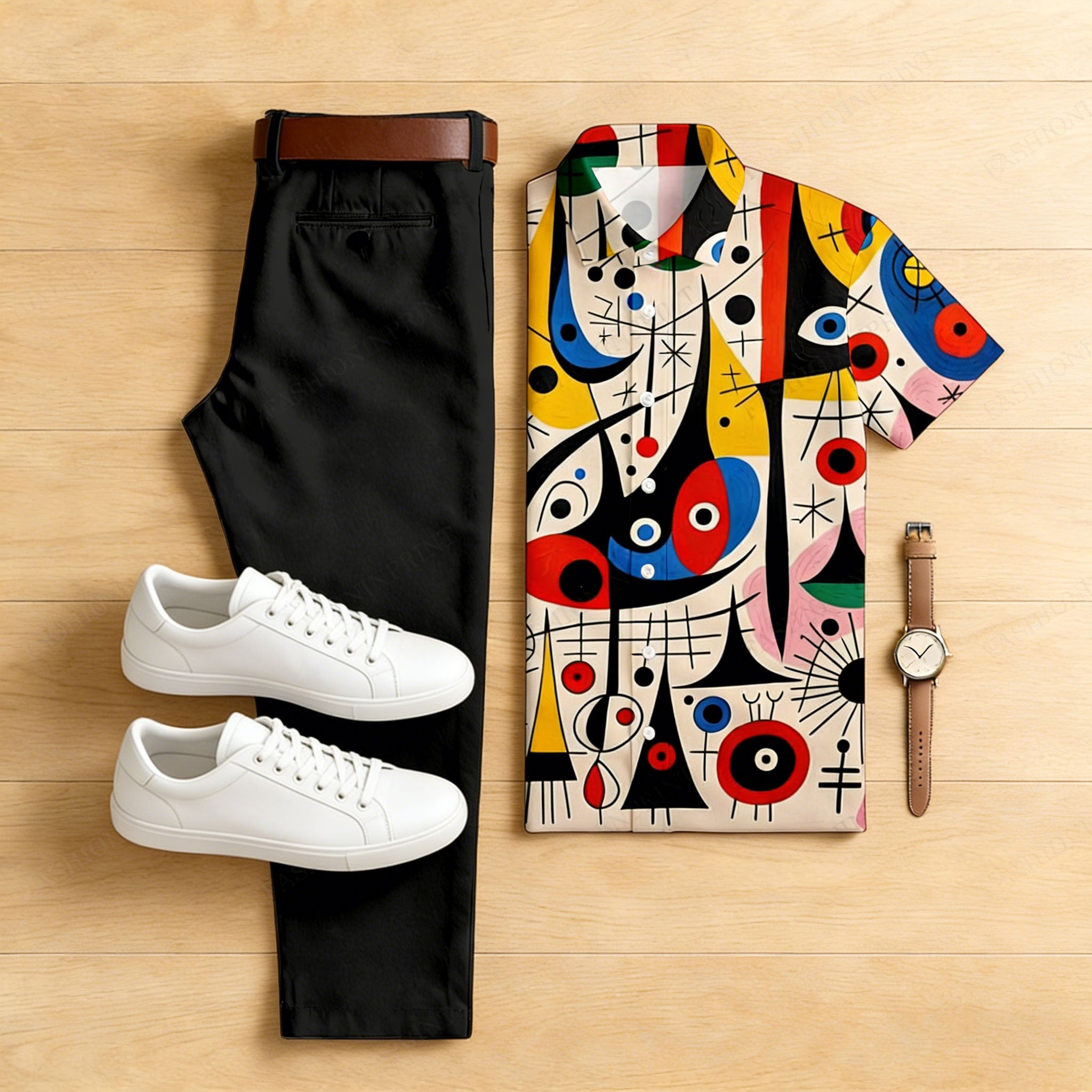 Men's Casual Colorful Graffiti Printed Polo Shirt And Trousers Two-Piece Set