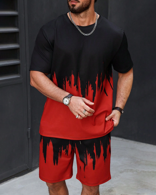 Men's casual color block printed shorts Set 507