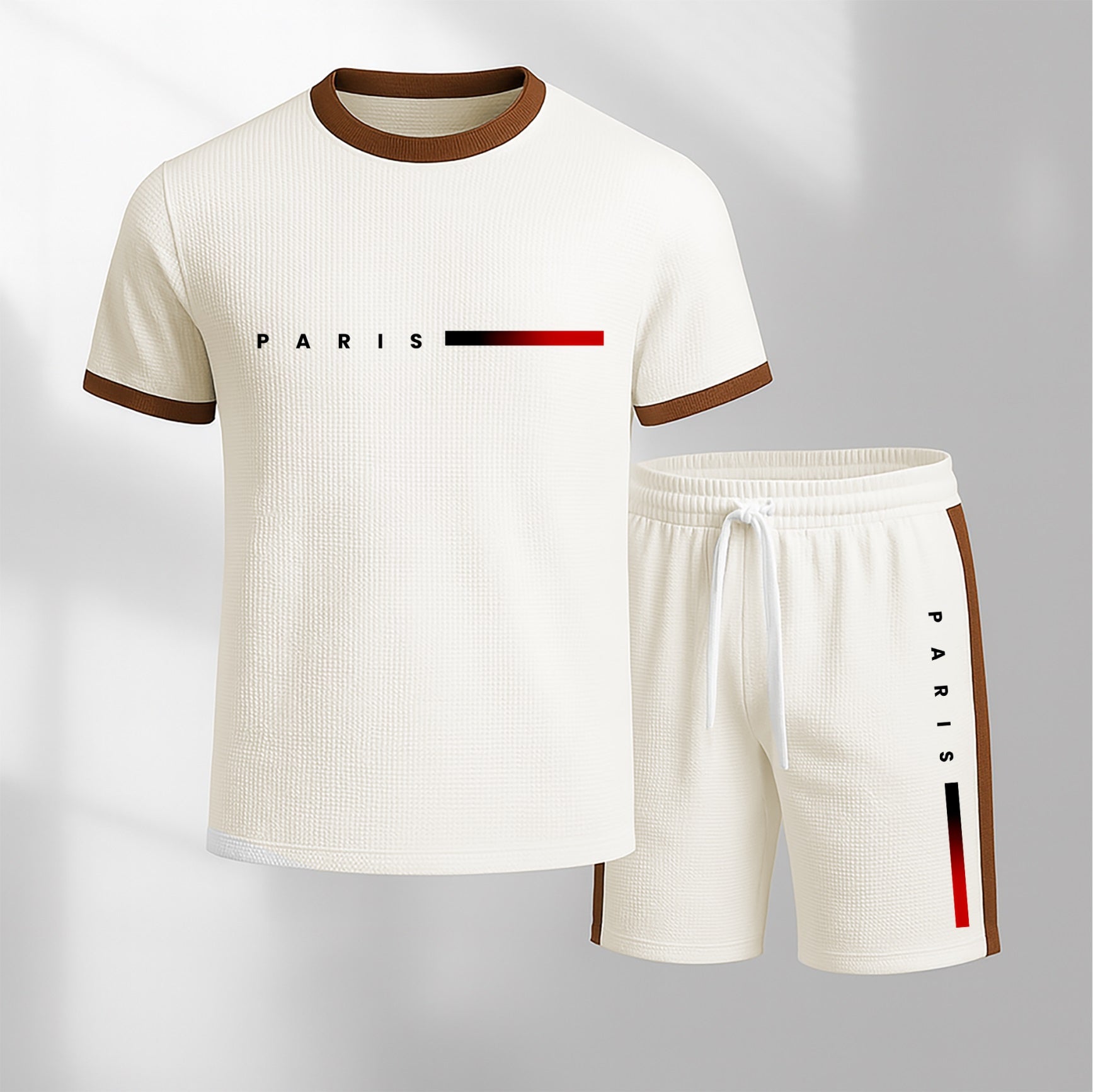 Men's Paris Print Short-Sleeved T-Shirt And Drawstring Shorts Set, Men's Casual Sportswear, Short-Sleeved Top And Shorts, Suitable For Summer Daily Wear, Indoor And Outdoor Sports, Athletic Set.