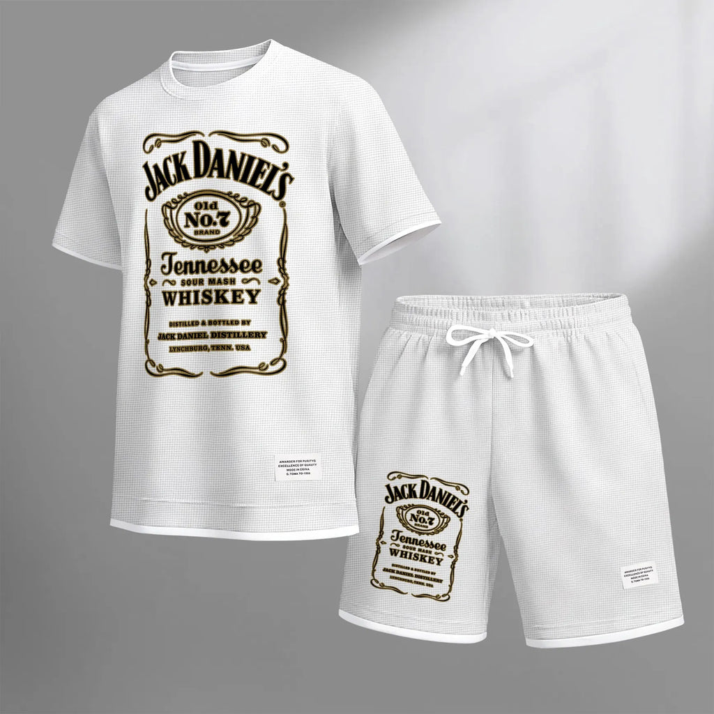 Men's Beer And Beverage Printed Drawstring Shorts Set, Suitable For Spring And Summer Wear, Casual Summer Set, Including Short-Sleeved Shirt And Shorts, Suitable For Everyday Wear And Sports 03