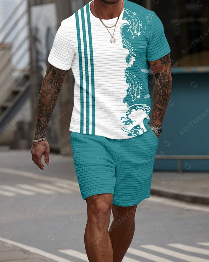 Men's Casual Waffle Textured Summer Round Neck Short Sleeve Shorts Set 001