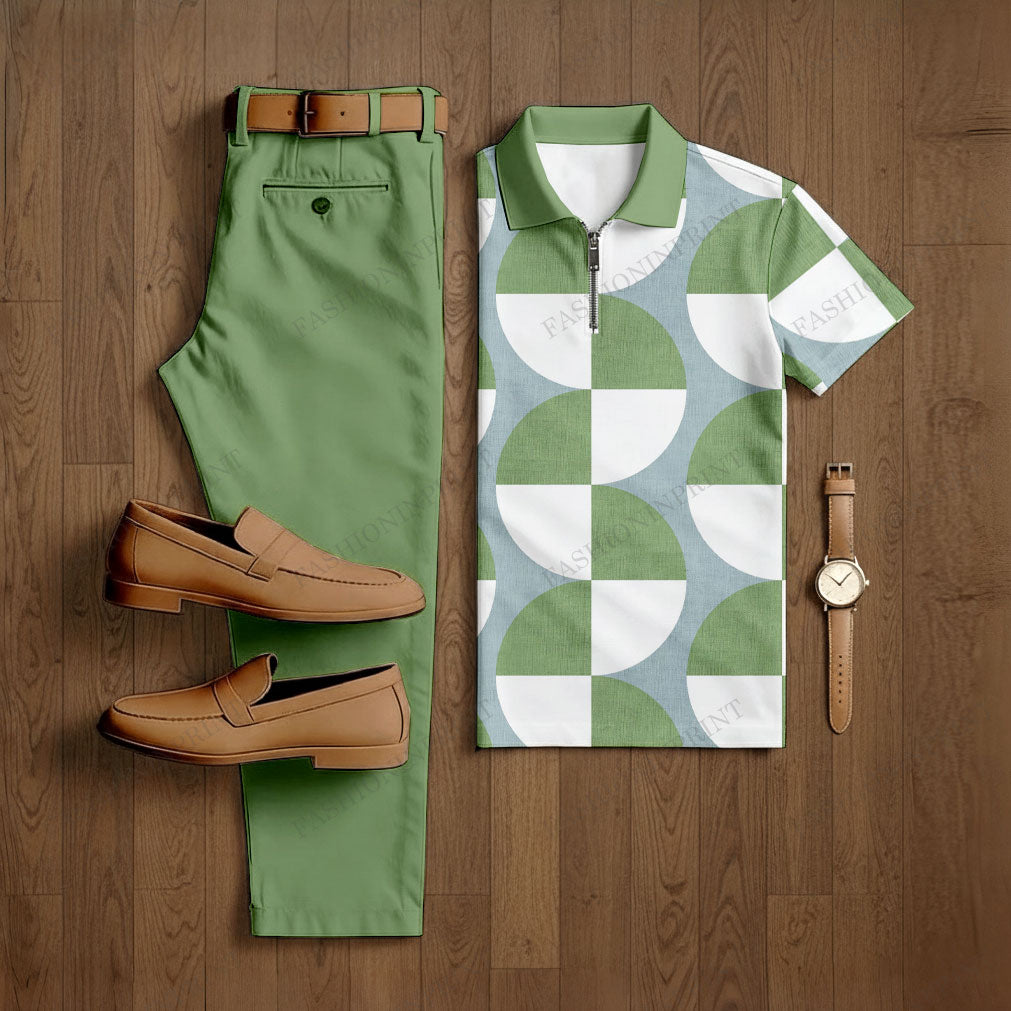 Men's Casual Green & White Color Matching Geometric Checkered Printed Short Sleeved Polo Shirt & Trousers Two-Piece Set 202869