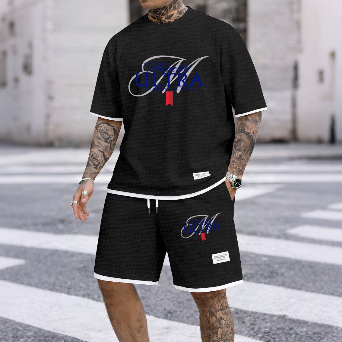 Men's Fitness Beer Print Waffle Fabric Short-Sleeved Shirt And Shorts Set