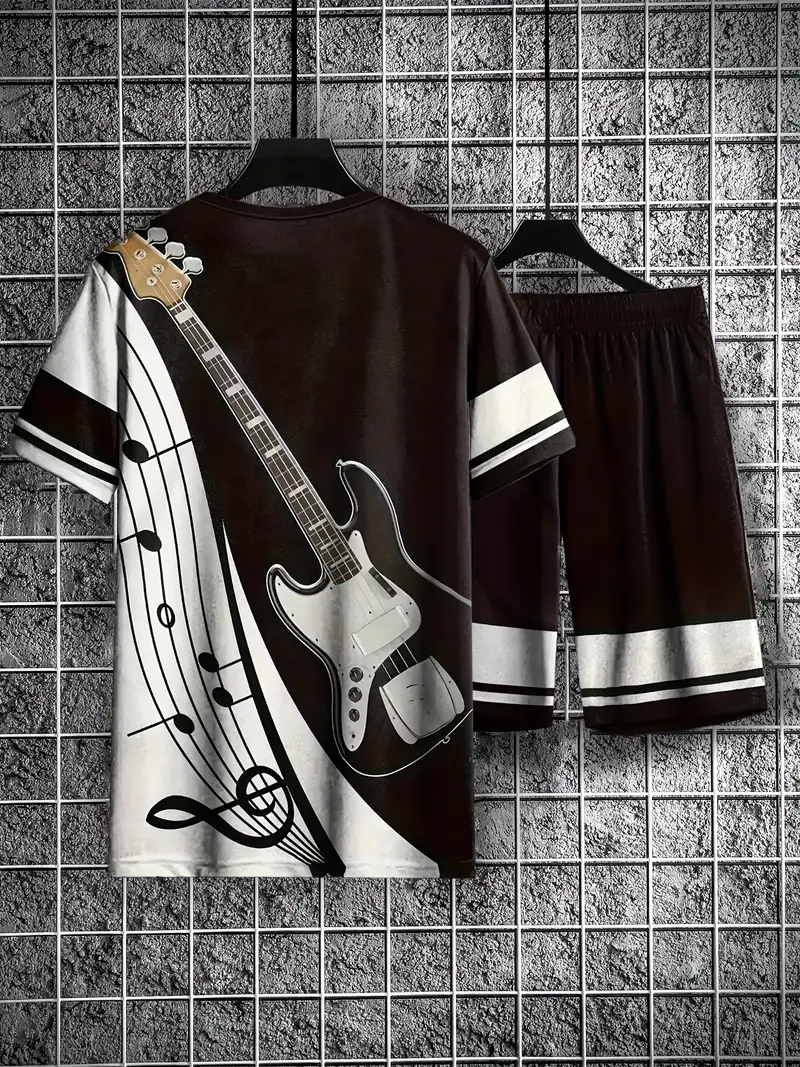 Men's Casual Color Block Music Print Shorts Set 556