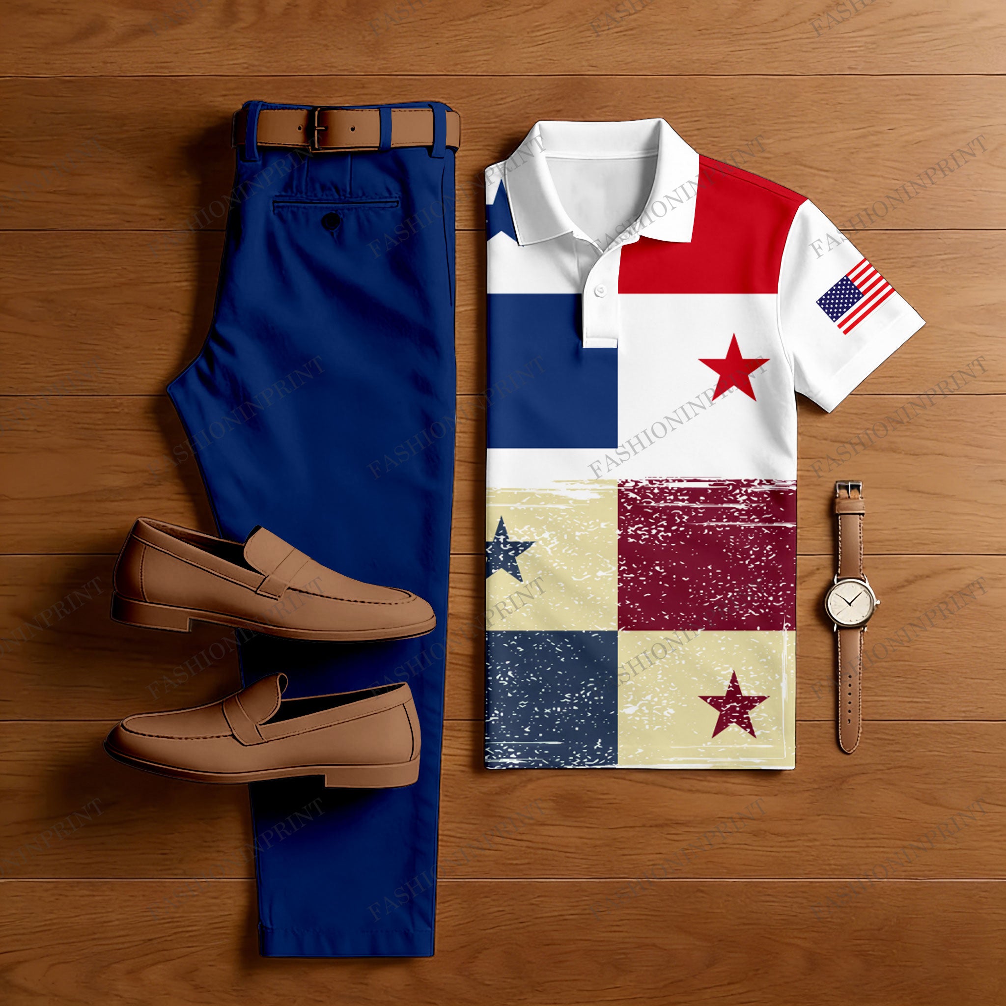 Men's 250Th Anniversary Royal Blue & Multi Color Matching Checkered Printed Short Sleeved Polo Shirt & Trousers Two-Piece Set