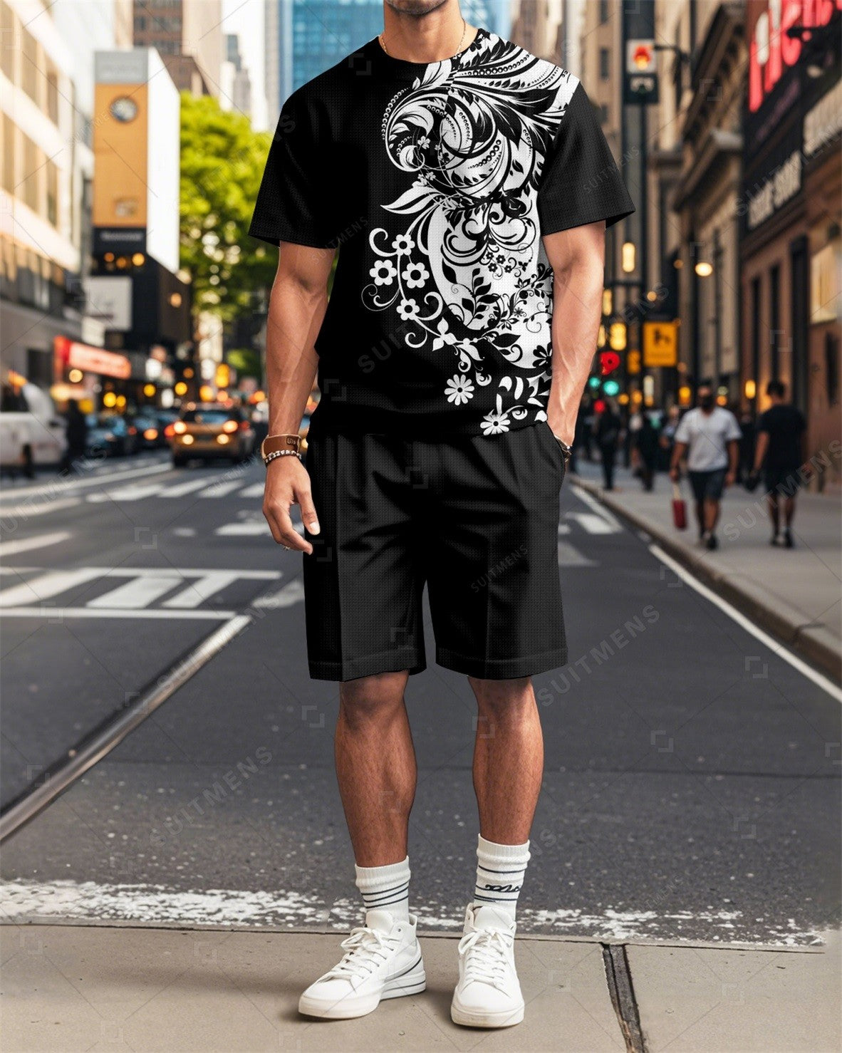 Men's Vintage Floral Printed Casual Summer Round Neck Set 2000