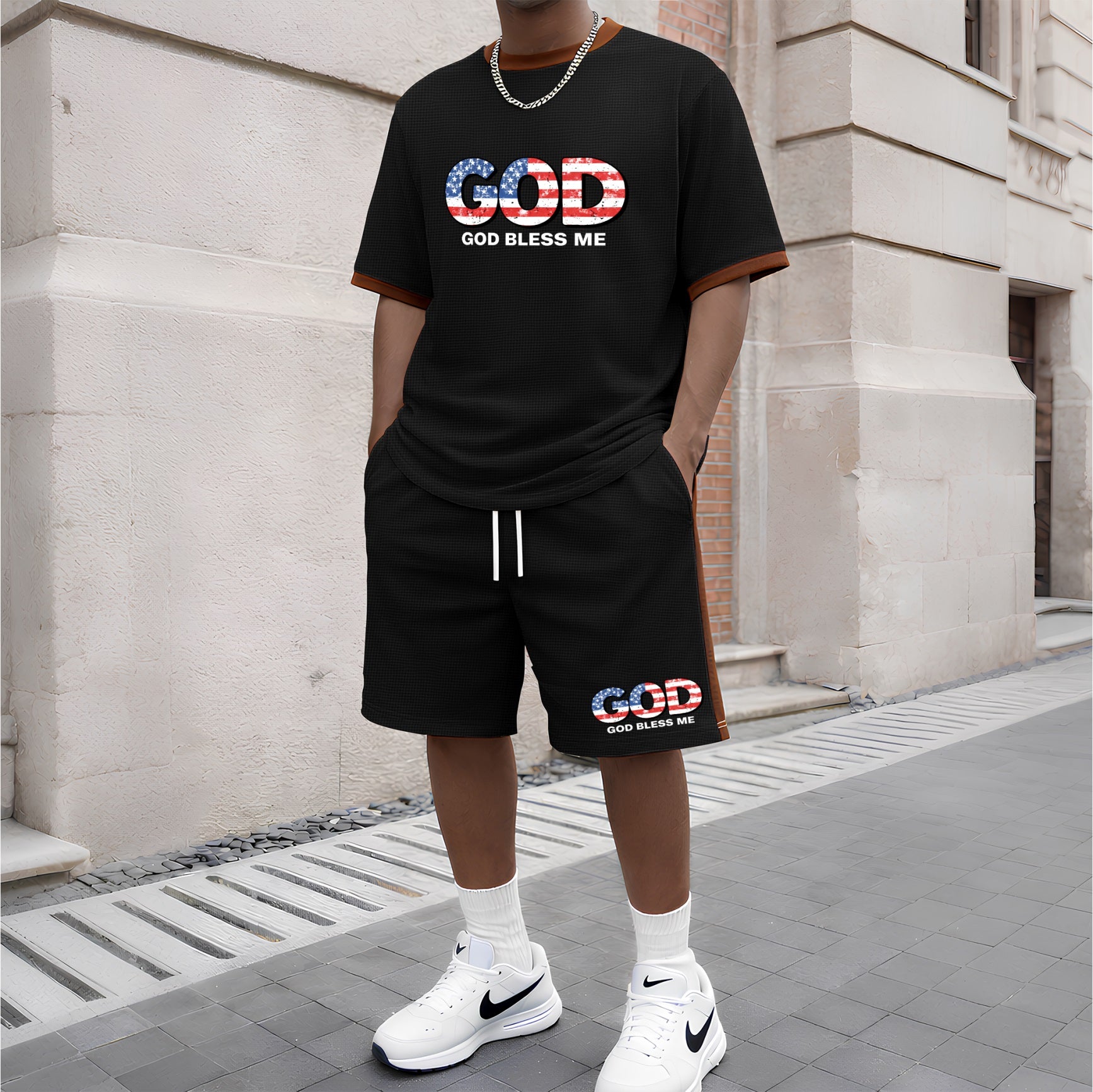 Men's God Graphic Short-Sleeved T-Shirt And Drawstring Shorts Set, Men's Clothing, Casual Sports Short-Sleeved Top And Shorts, Men's Summer Everyday Wear, Indoor And Outdoor Sportswear, Sports Set.