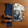 Men's Casual White Lion Printed Polo Shirt And Pants Two-Piece Set