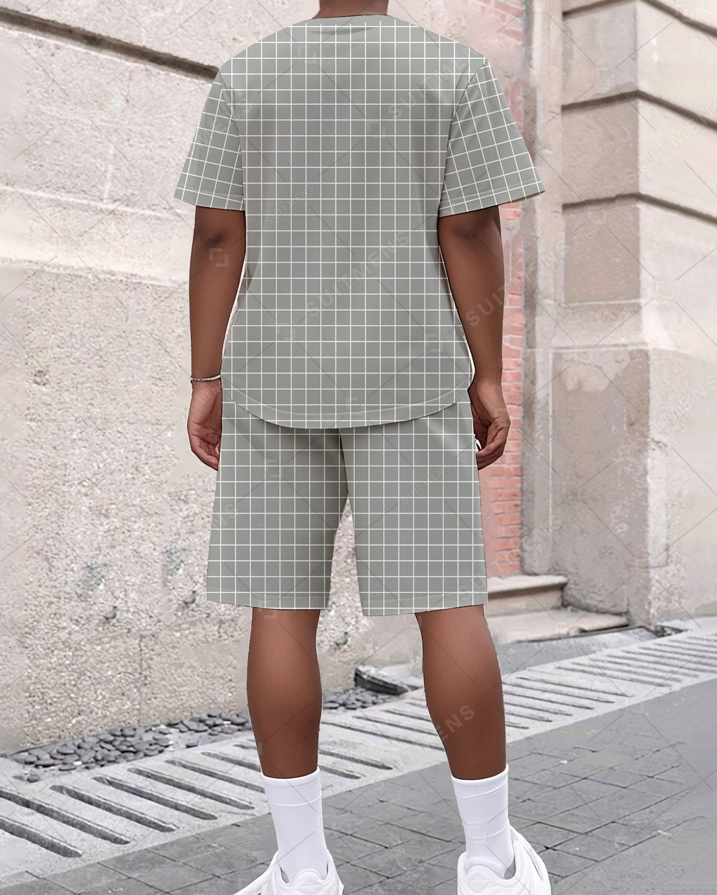Men's Summer Colorblock Grid Print Crew Neck Suit 042