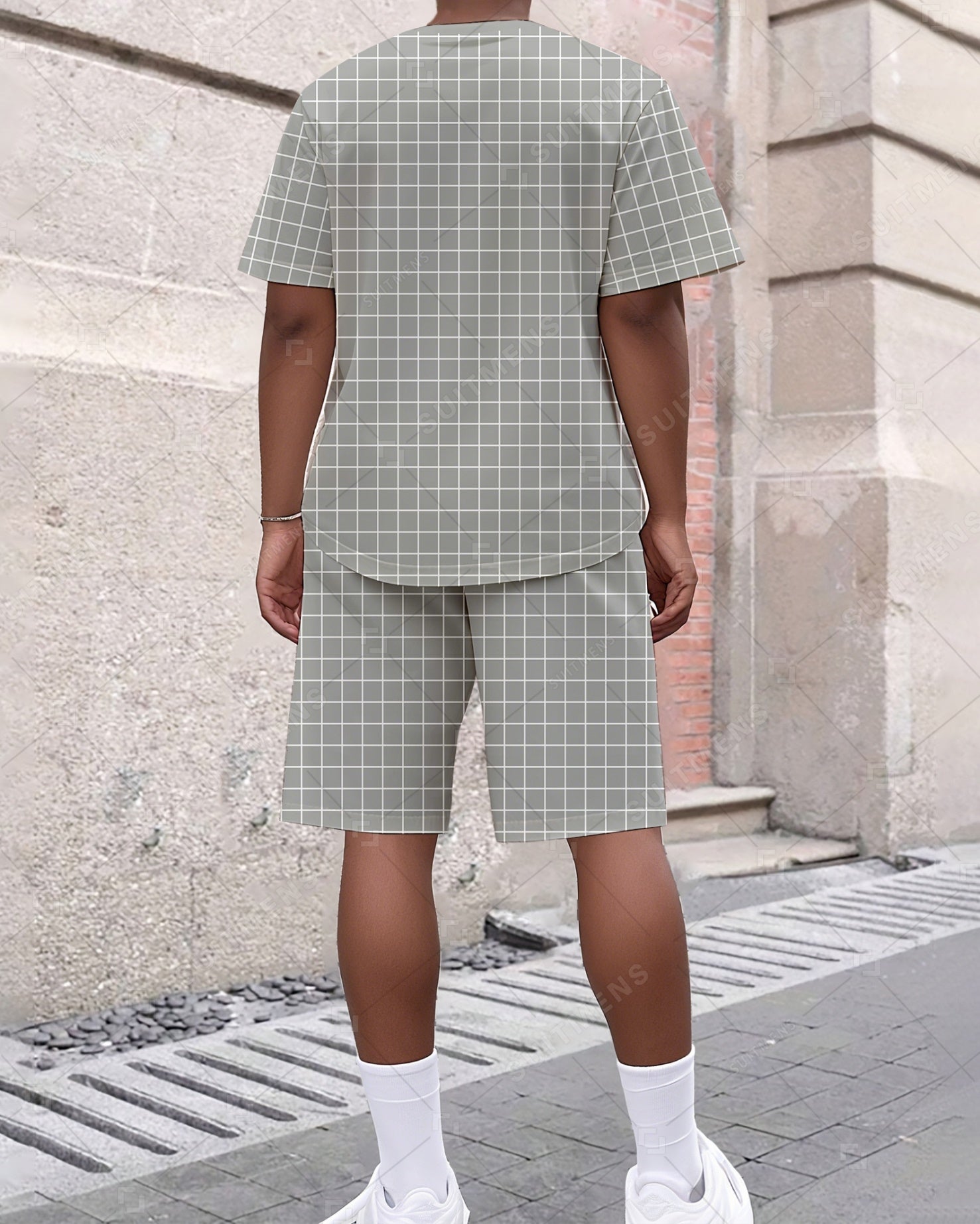 Men's Summer Colorblock Grid Print Crew Neck Suit 042