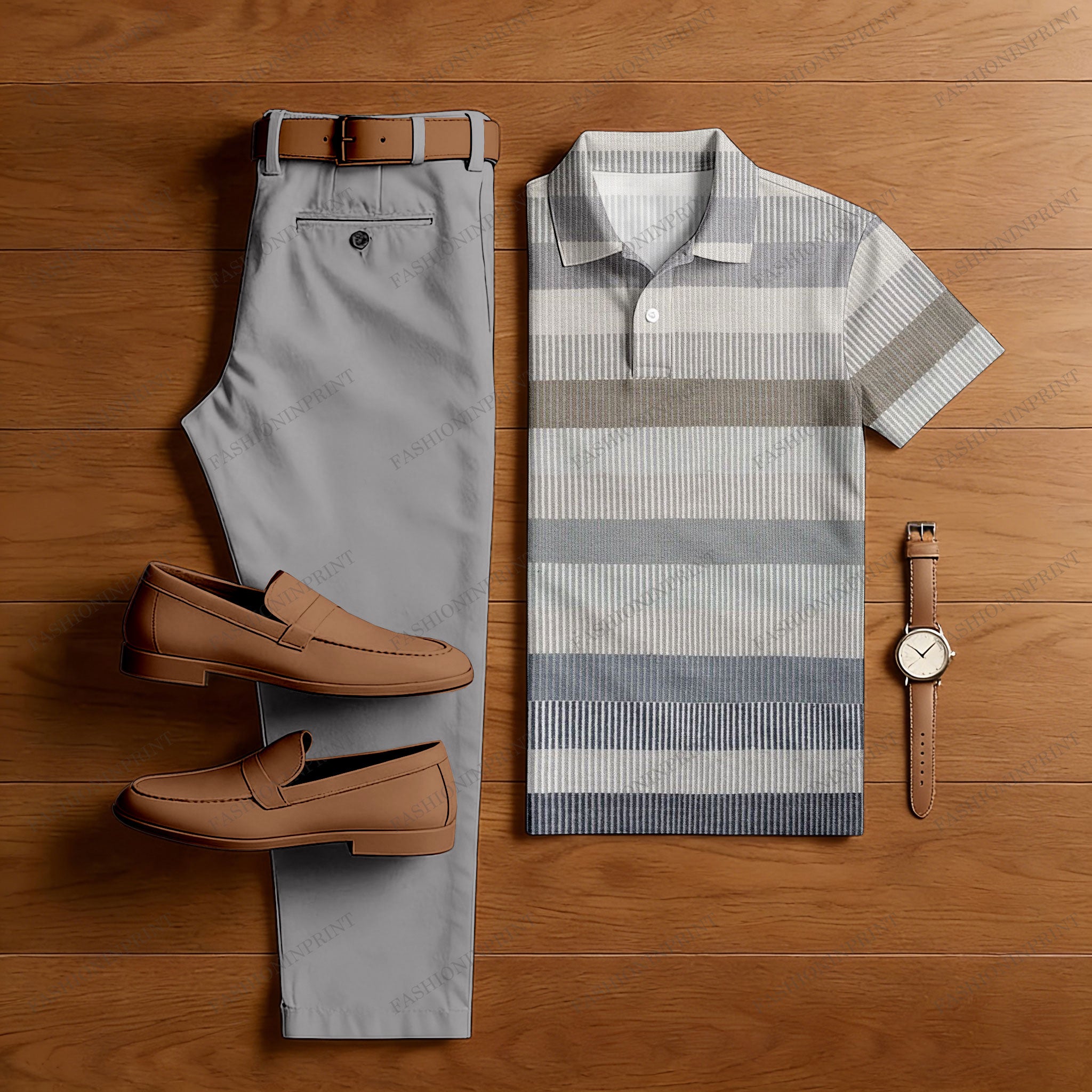 Men's Casual Gray & Oatmeal Color Matching Striped Printed Short Sleeved Polo Shirt & Trousers Two-Piece Set