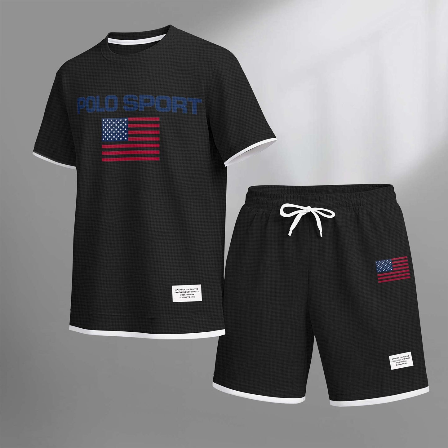 Men's Usa Polo Sport Print Drawstring Shorts Set For Spring/Summer. A Casual Summer Outfit, Including A Short-Sleeved Shirt And Shorts, Suitable For Everyday Wear And Sports. A Two-Piece Set For A Relaxed And Energetic Lifestyle.