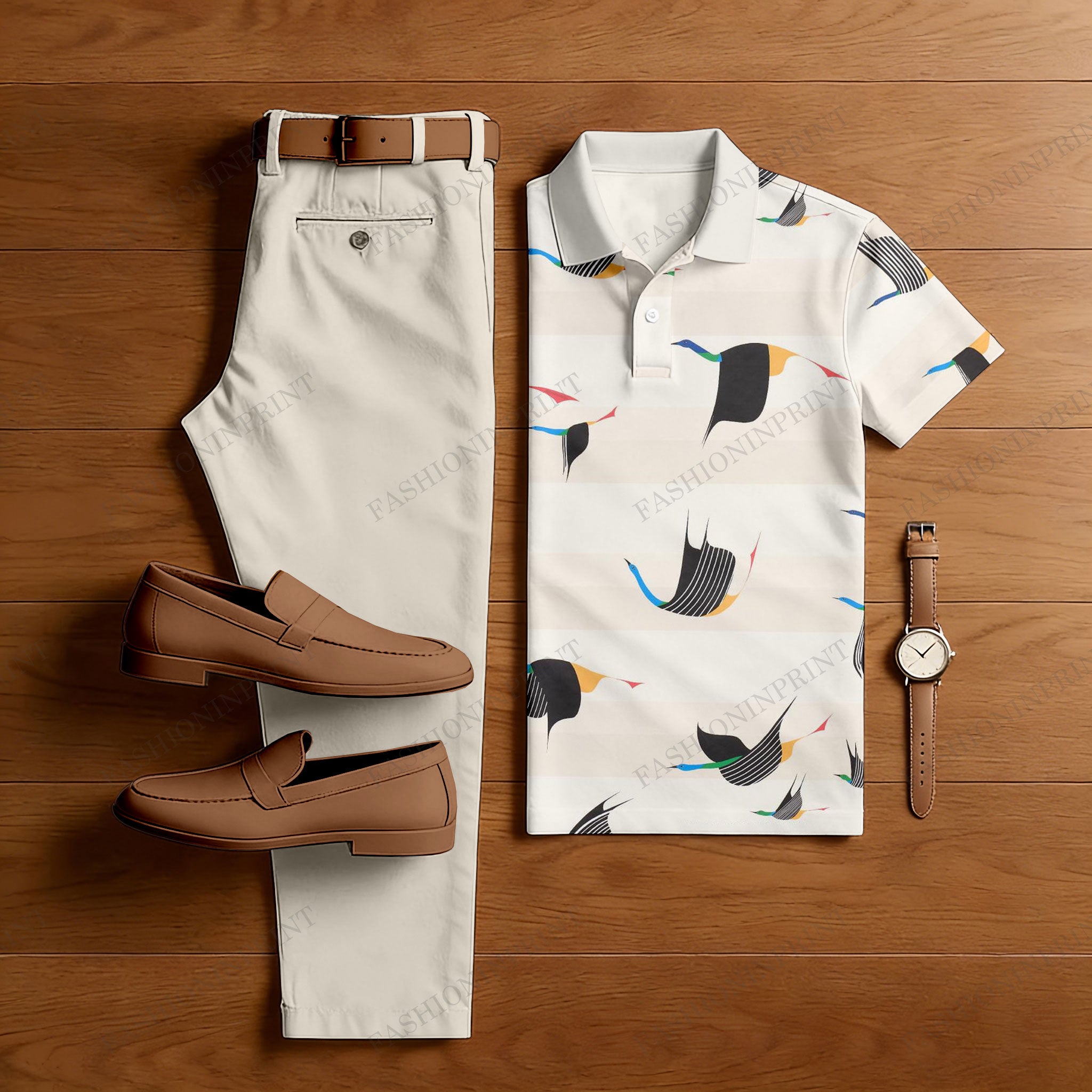 Men's Casual Off White Printed Polo Shirt And Pants Two-Piece Set