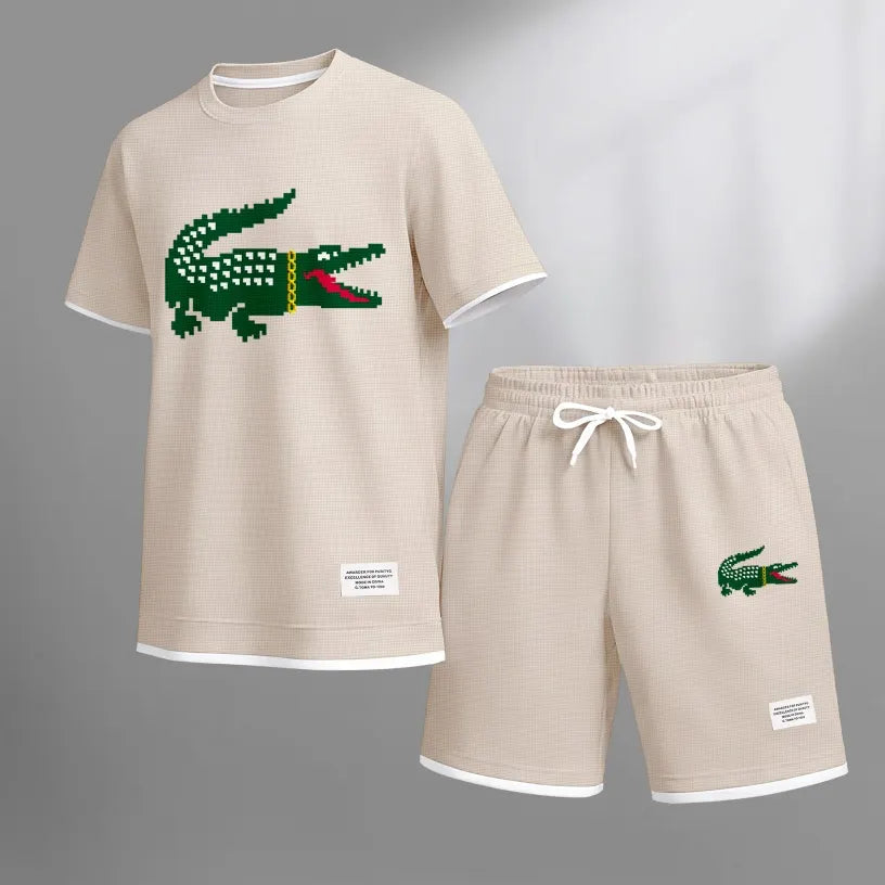 Men's Hip-Hop Crocodile Print Waffle Fabric Short-Sleeved Shirt And Shorts Set 02