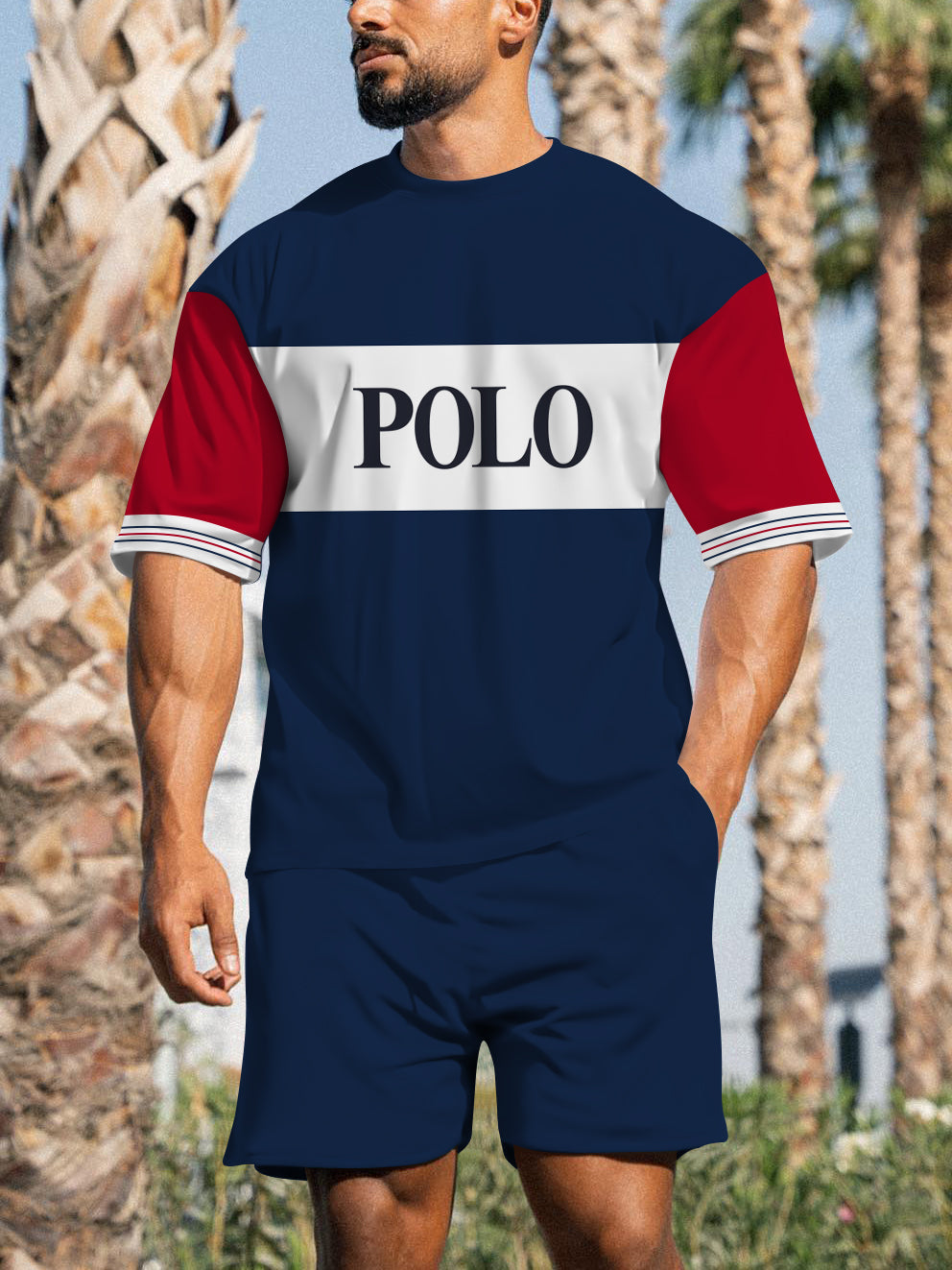 Men's Casual Sports Street Simple Color Block Printed Shorts Suit 015