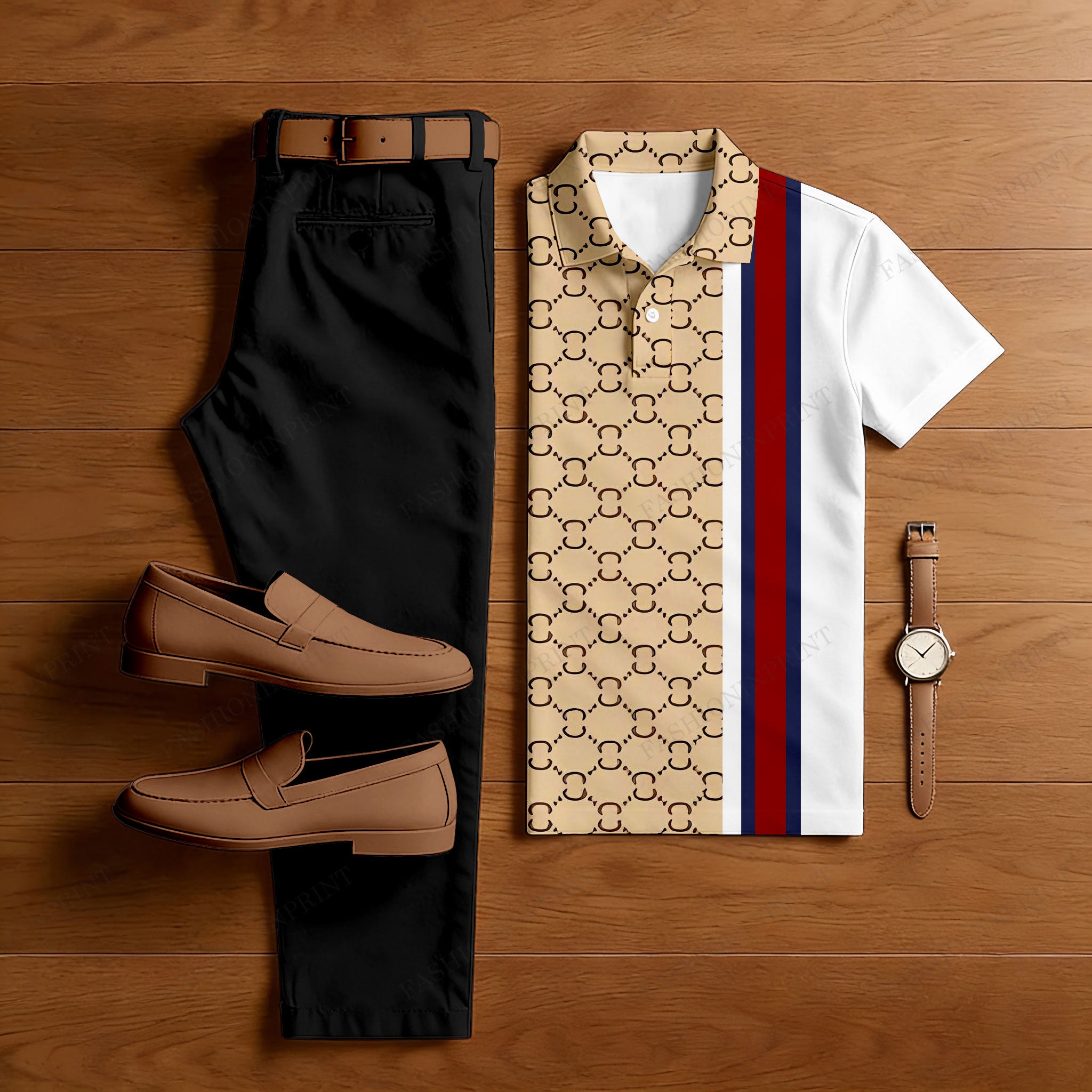 Men's Casual Apricot Plaid Printed Polo Shirt And Pants Two-Piece Set