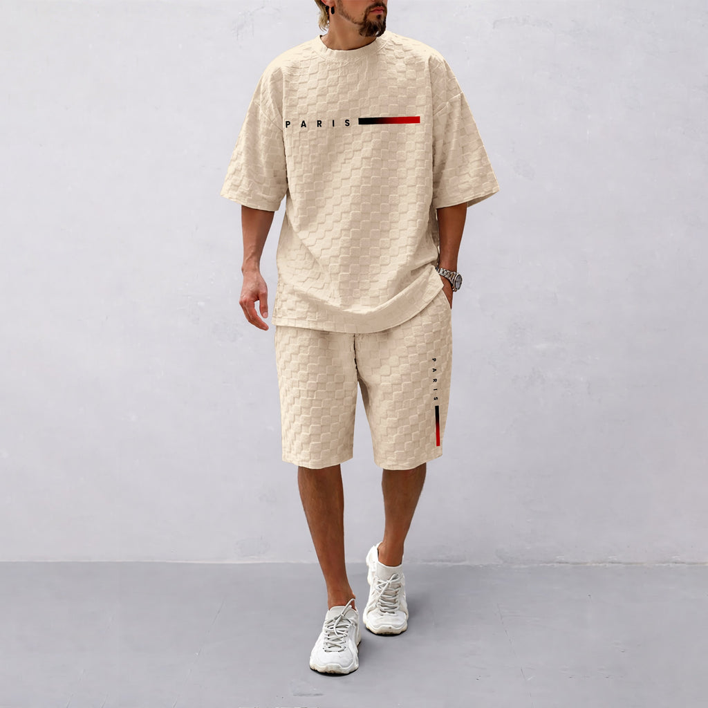 Men's Spring and Summer 'PARIS' Letter Print with Red and Black Line Checkered Fabric Drawstring Shorts Set, Casual Summer Outfit with Short-Sleeved Shirt and Shorts, Ideal for Everyday Wear and Sports Activities