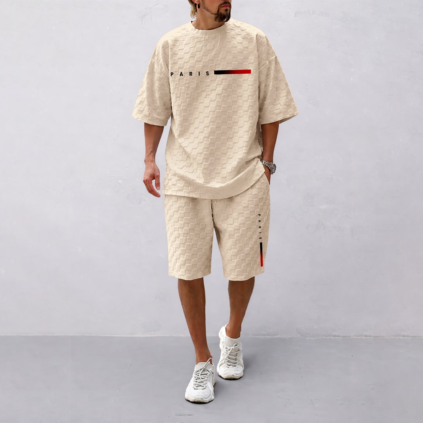 Men's Spring and Summer 'PARIS' Letter Print with Red and Black Line Checkered Fabric Drawstring Shorts Set, Casual Summer Outfit with Short-Sleeved Shirt and Shorts, Ideal for Everyday Wear and Sports Activities
