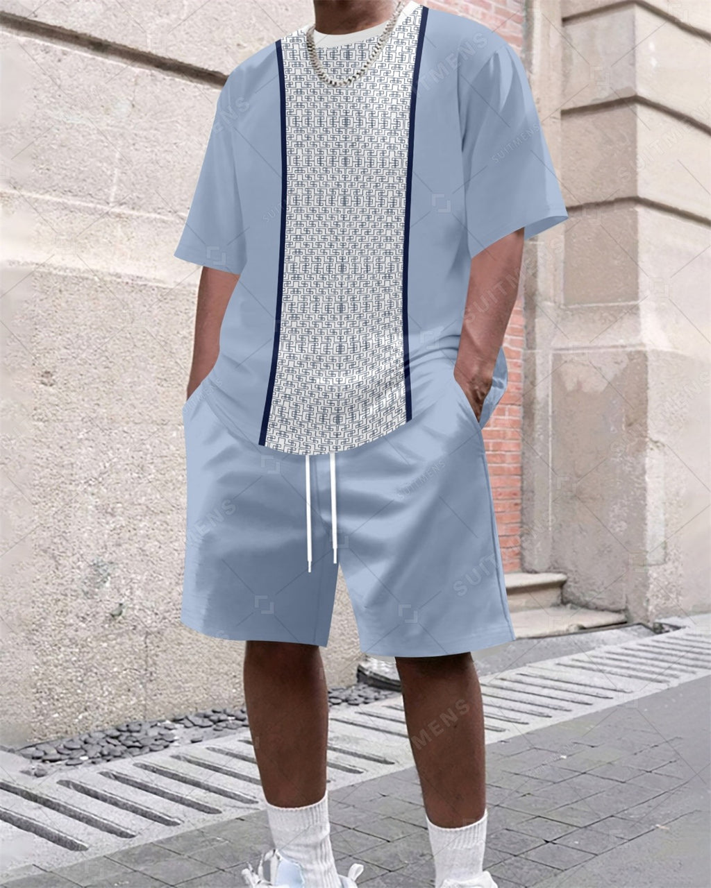 Men's Summer Colorblock Printed Round Neck Set 285