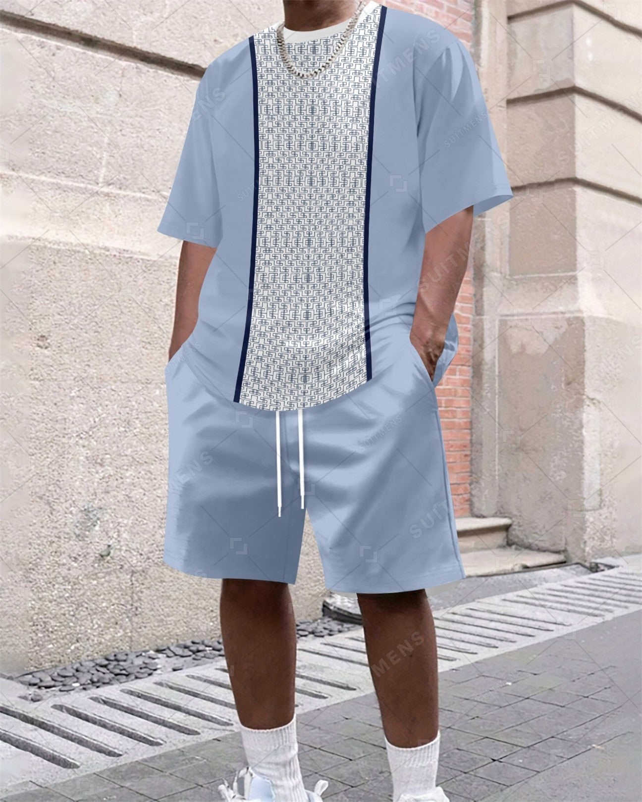 Men's Summer Colorblock Printed Round Neck Set 285