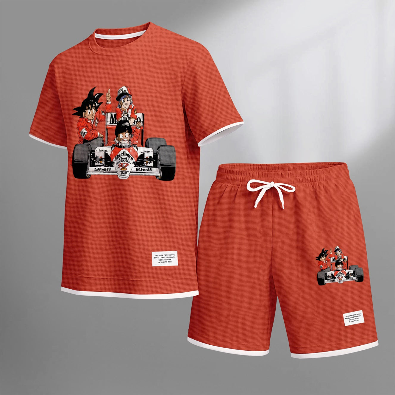 Men's Anime Racing Print Waffle Fabric Short-Sleeved Shirt And Shorts Set
