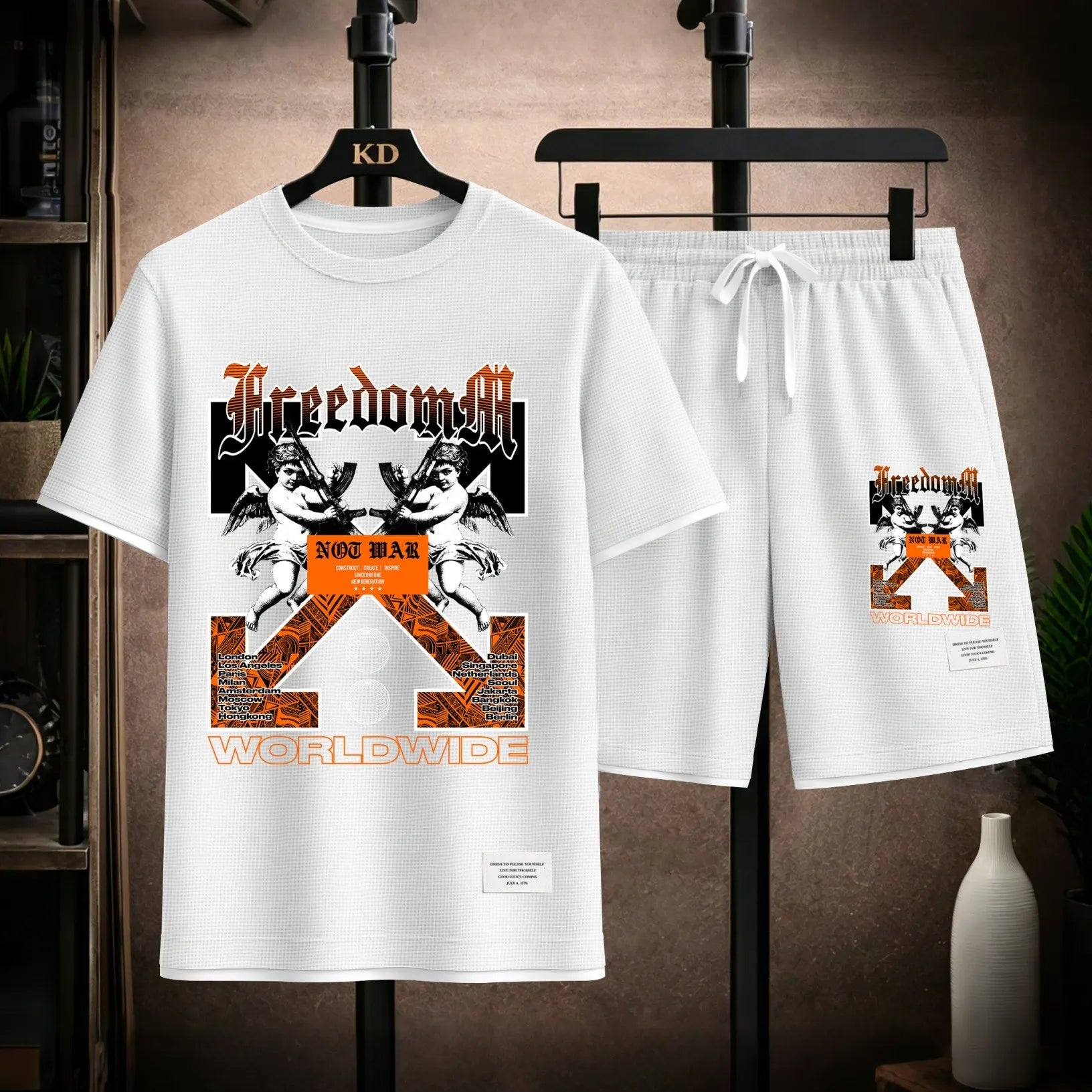 Men's Angel Graphic Print Short Sleeve Shirt and Drawstring Shorts Set, Casual Summer Two-Piece Outfit, Lightweight Breathable Relaxed Fit Athletic Set for Daily Wear, Beach, Vacation, Travel & Loungewear