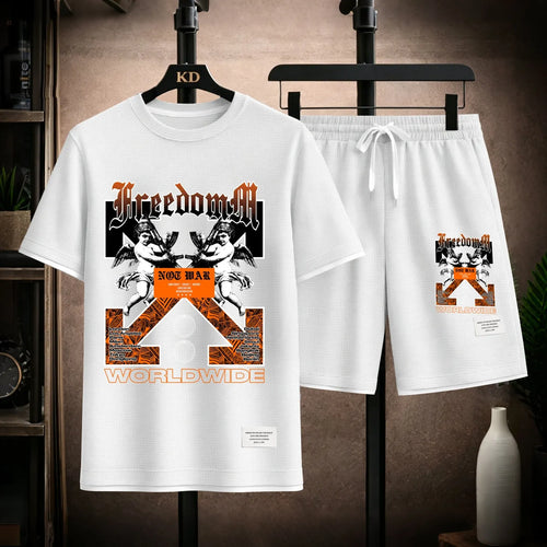 Men's Angel Graphic Print Short Sleeve Shirt and Drawstring Shorts Set, Casual Summer Two-Piece Outfit, Lightweight Breathable Relaxed Fit Athletic Set for Daily Wear, Beach, Vacation, Travel & Loungewear