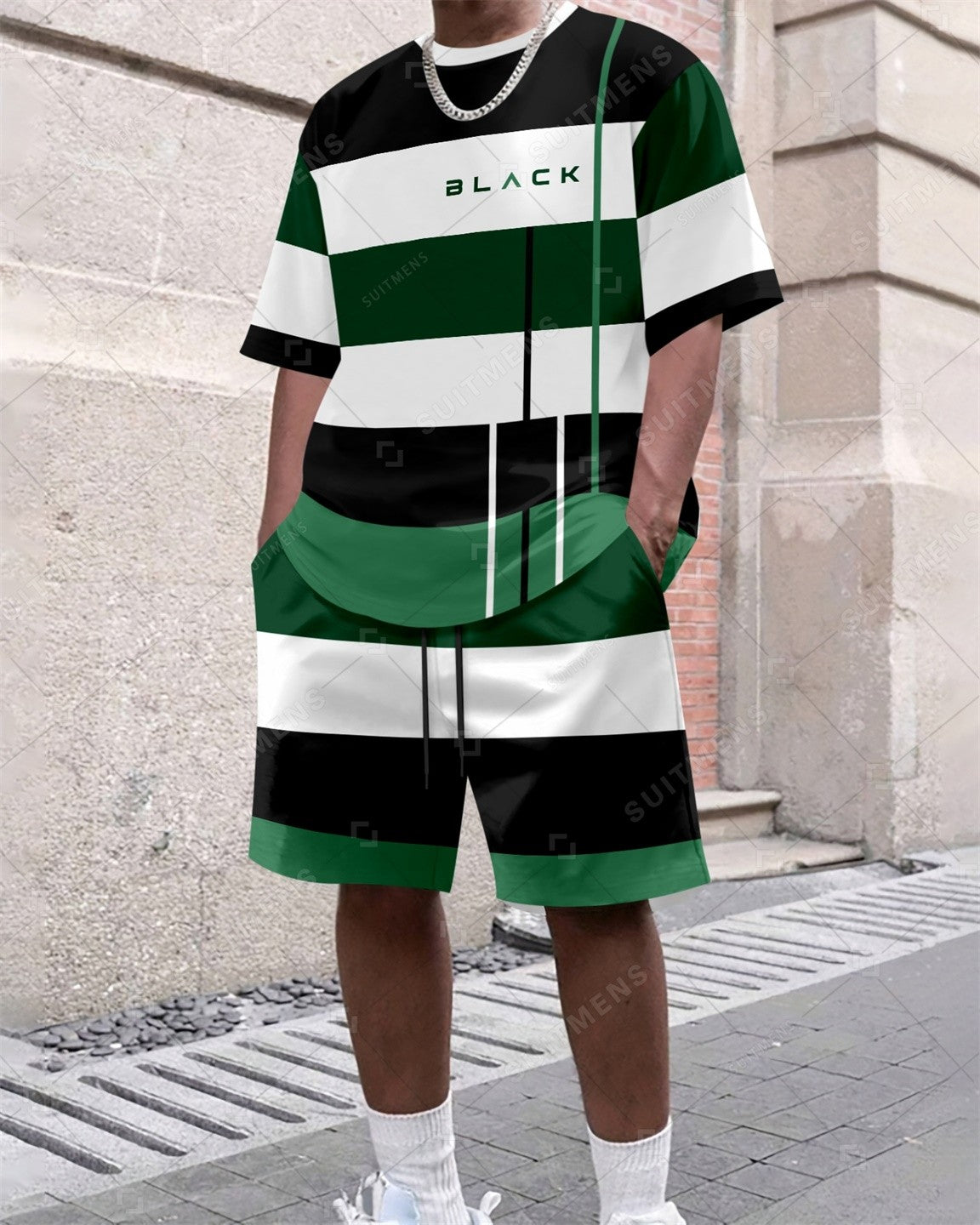 Men's Summer Colorblock Printed Round Neck Set 383