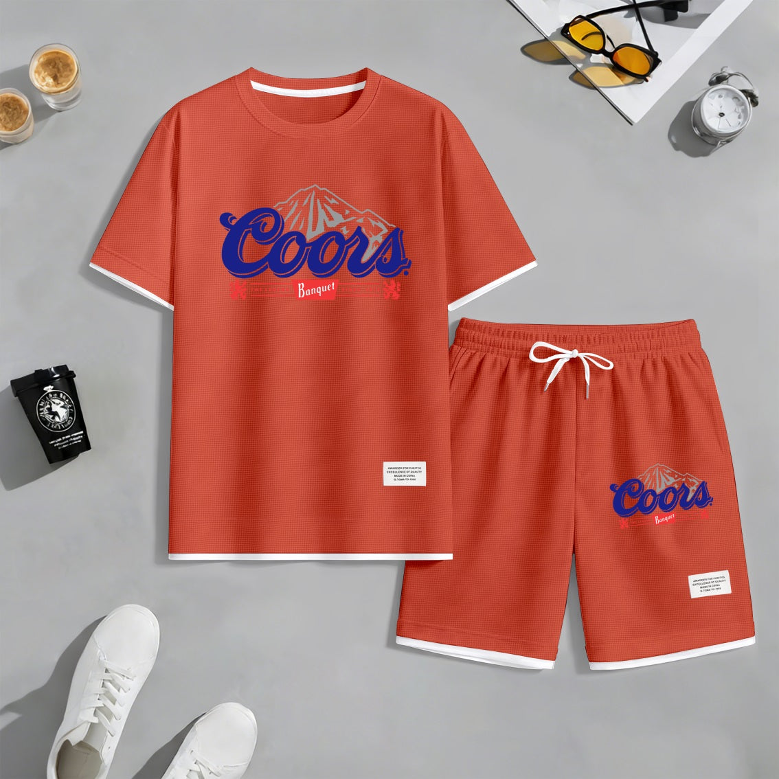 Men's American Beer Print Waffle Fabric Short-Sleeved Shirt And Shorts Set
