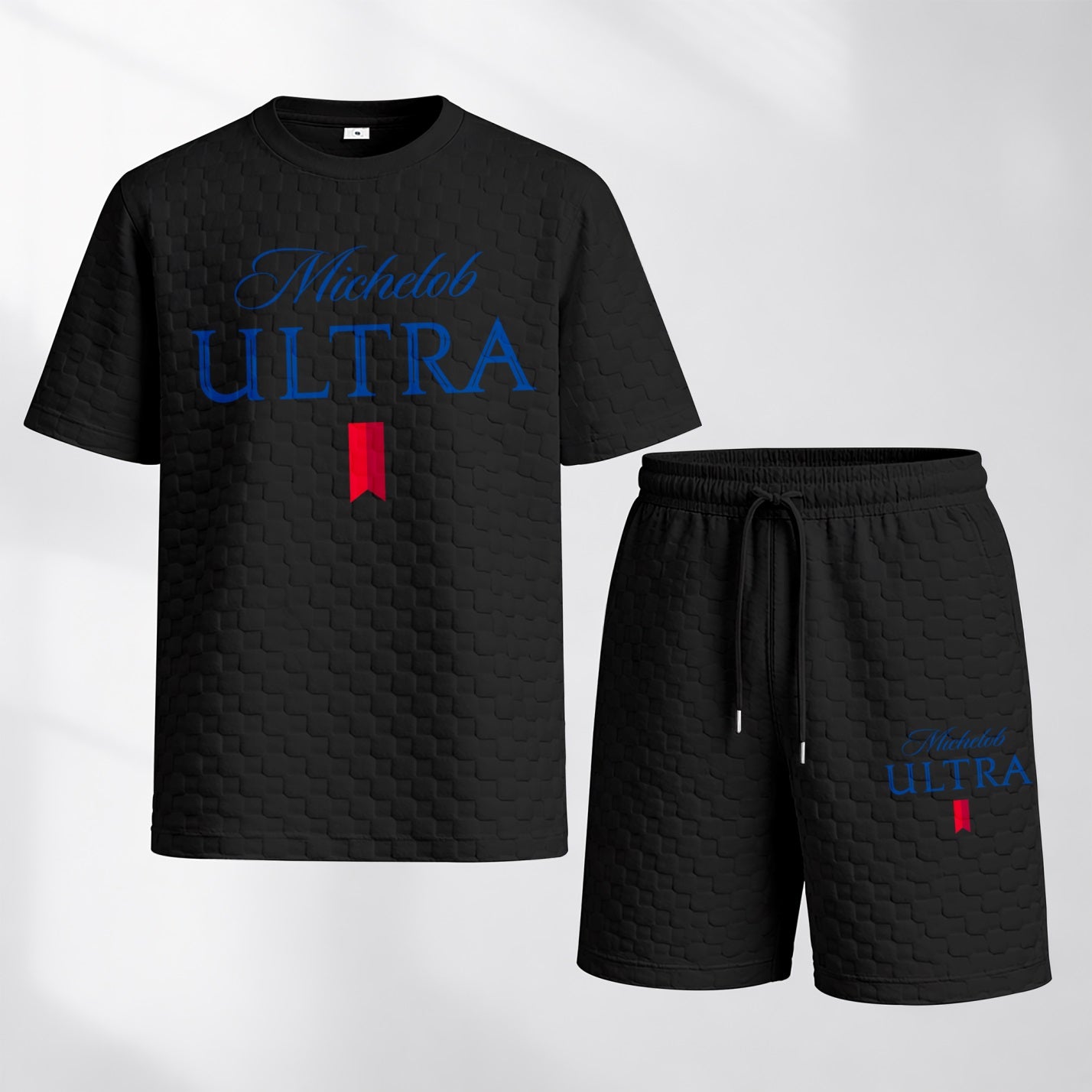 Men's Spring/Summer Drawstring Shorts Set featuring Beverage-Print Plaid Fabric—A casual summer ensemble comprising a short-sleeve shirt and shorts, ideal for both daily wear and athletic activities
