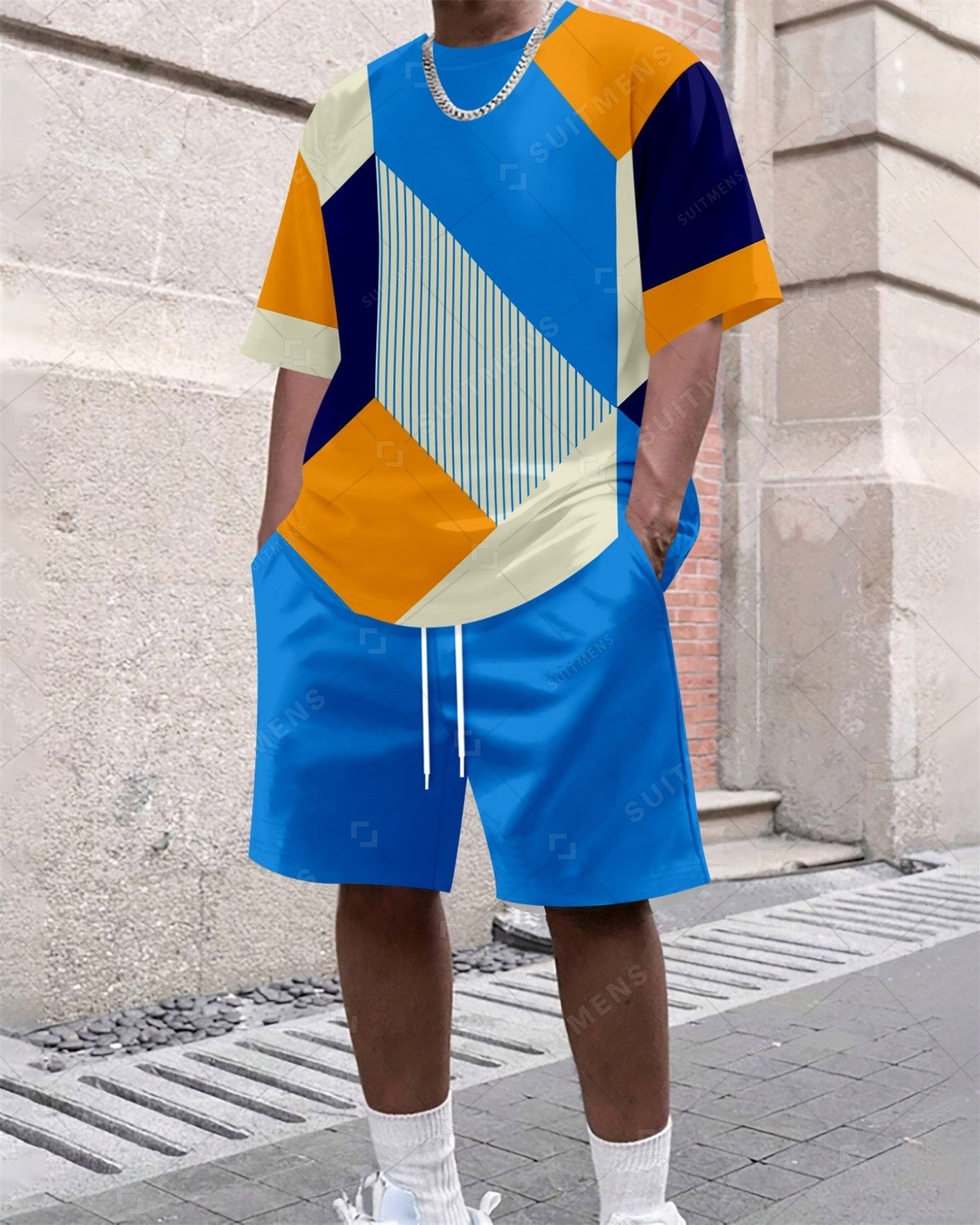 Men's Summer Geometric Printed Round Neck Set 298